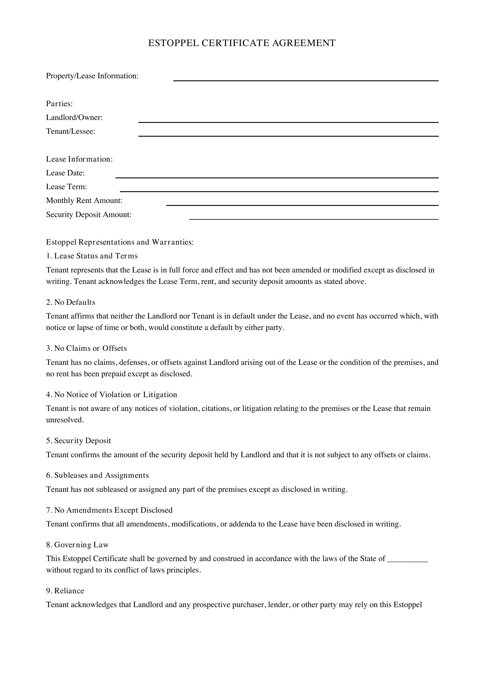 Estoppel Agreement Template - US
