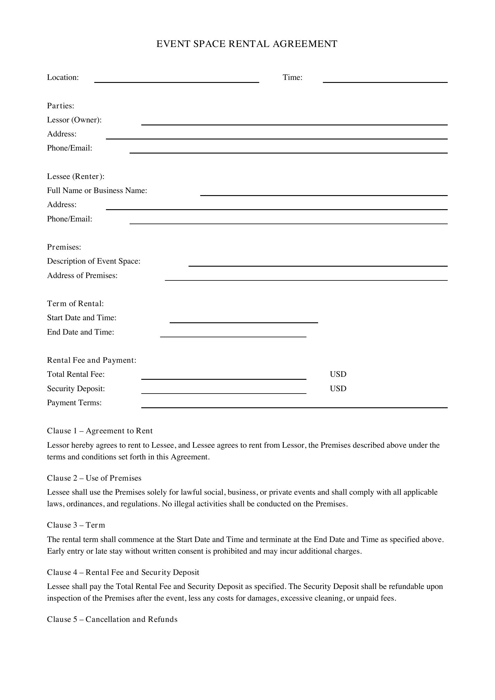 Event Space Rental Agreement Template - US