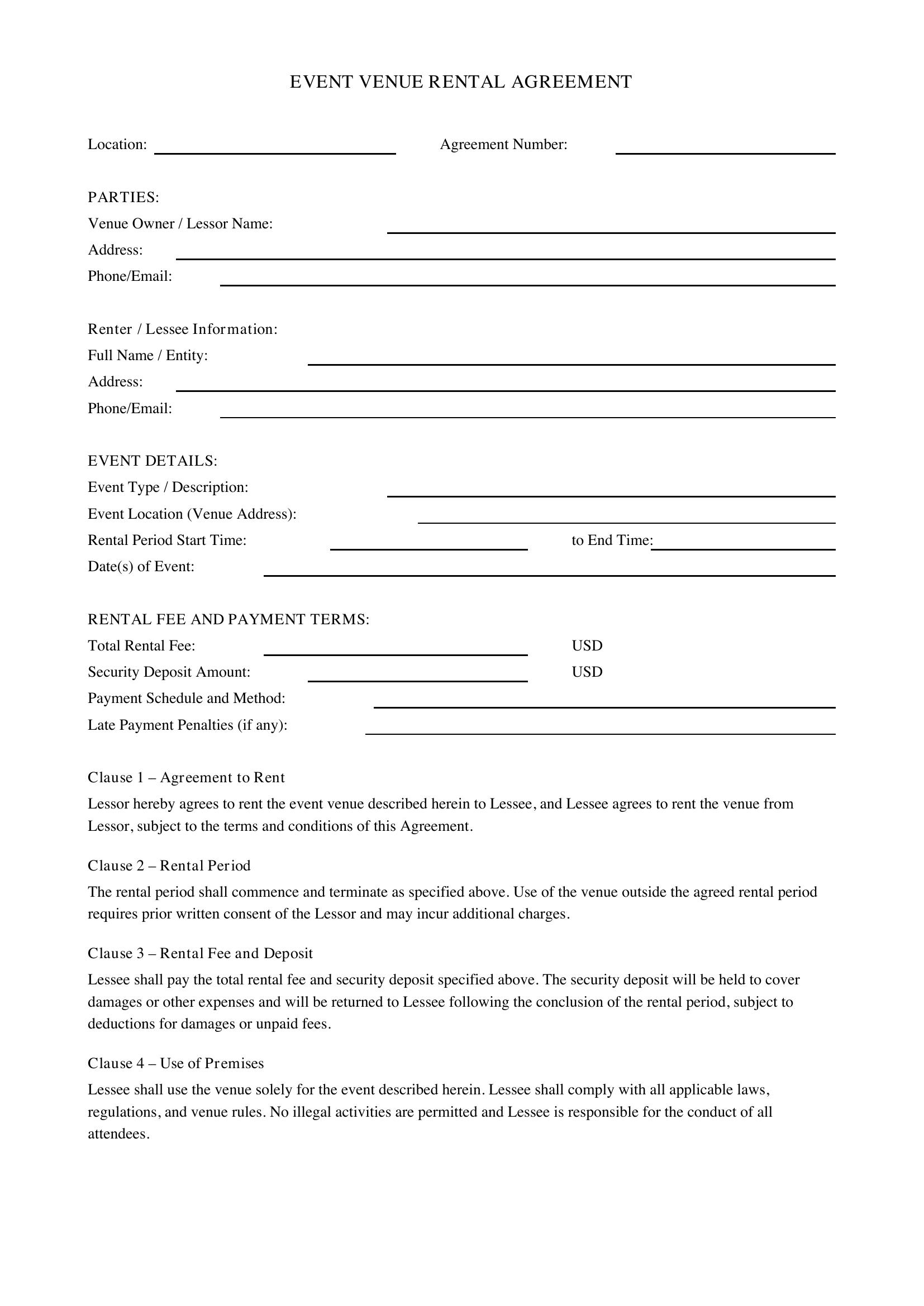 Event Venue Rental Agreement Template - US