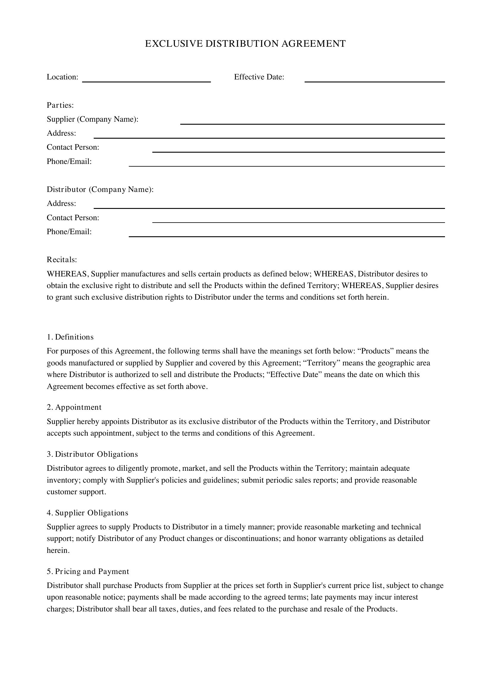 Exclusive Distribution Agreement Template - US