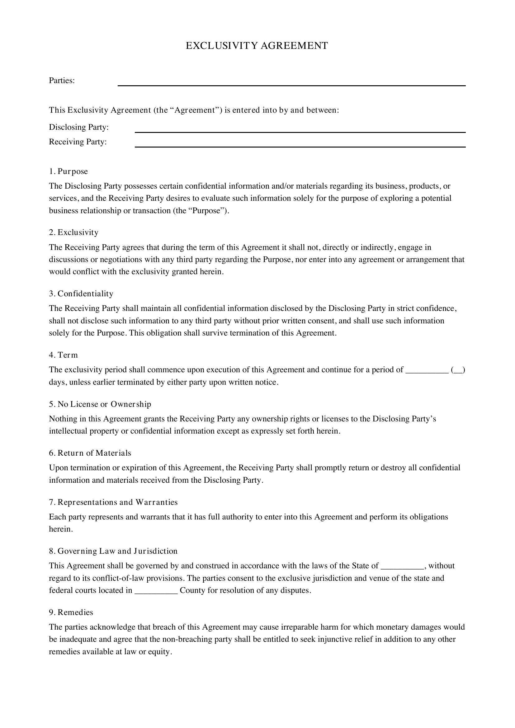 Exclusivity Agreement Template - US