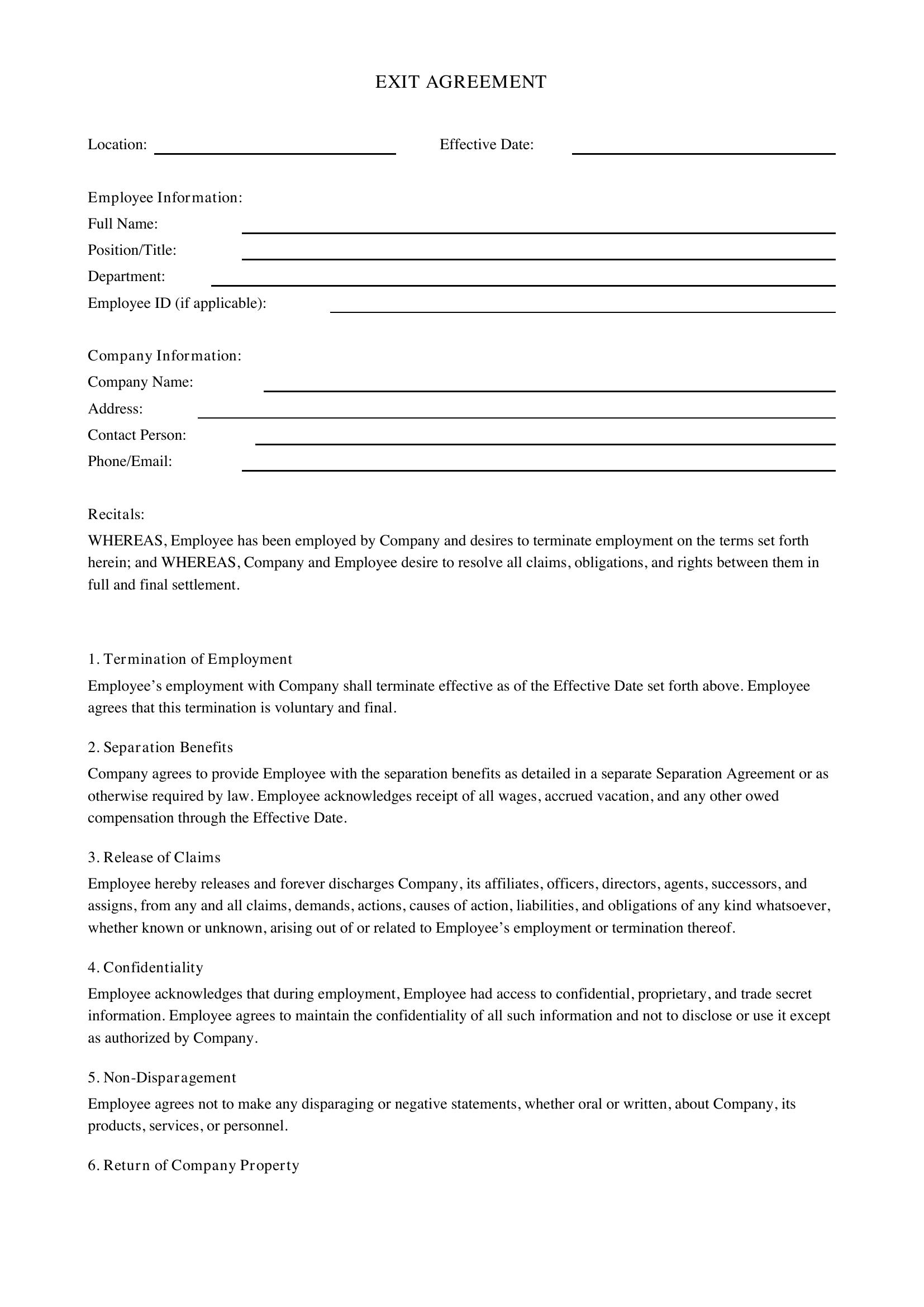 Exit Agreement Template - US