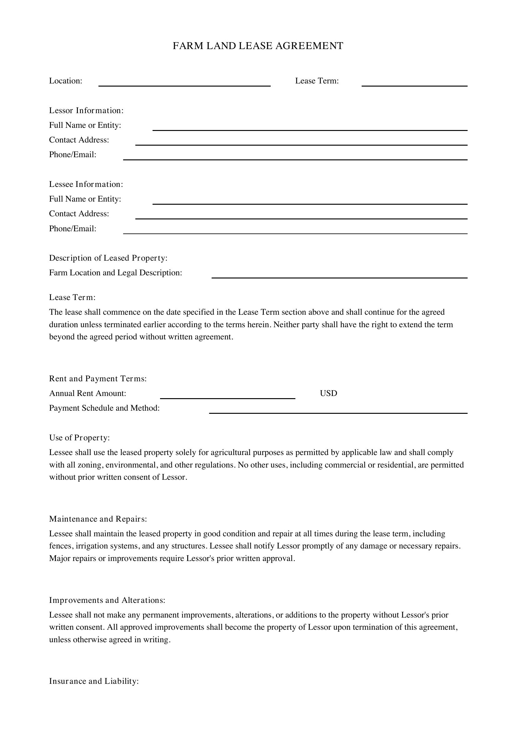 Farm Land Lease Agreement Template - US