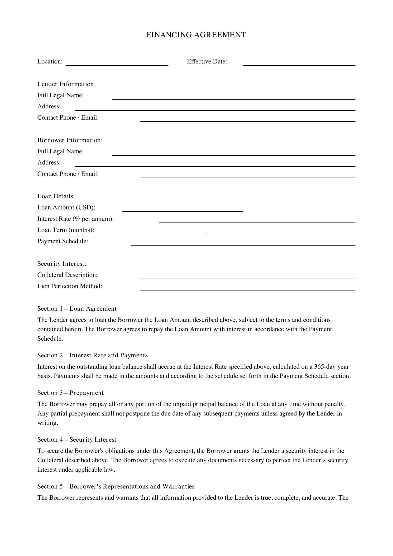 Financing Agreement Template - US