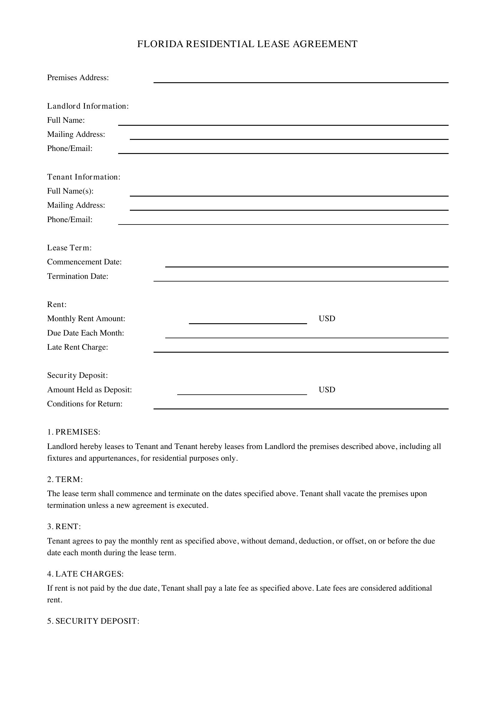 Florida Lease Agreement Template - US