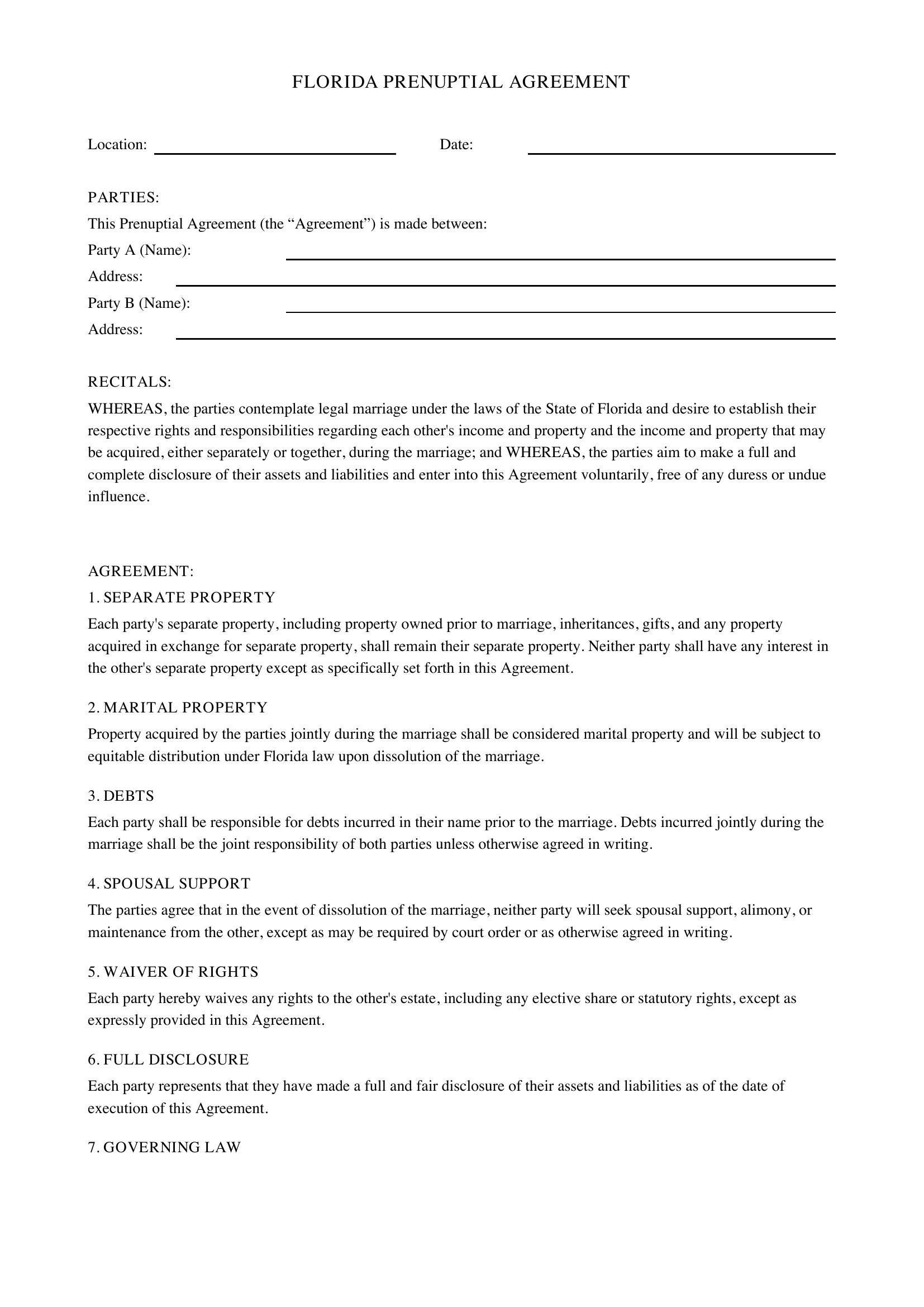Florida Prenuptial Agreement Template - US