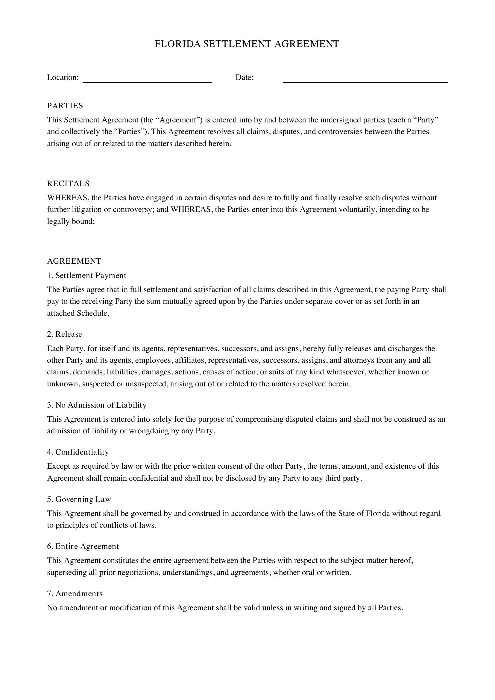 Florida Settlement Agreement Template - US