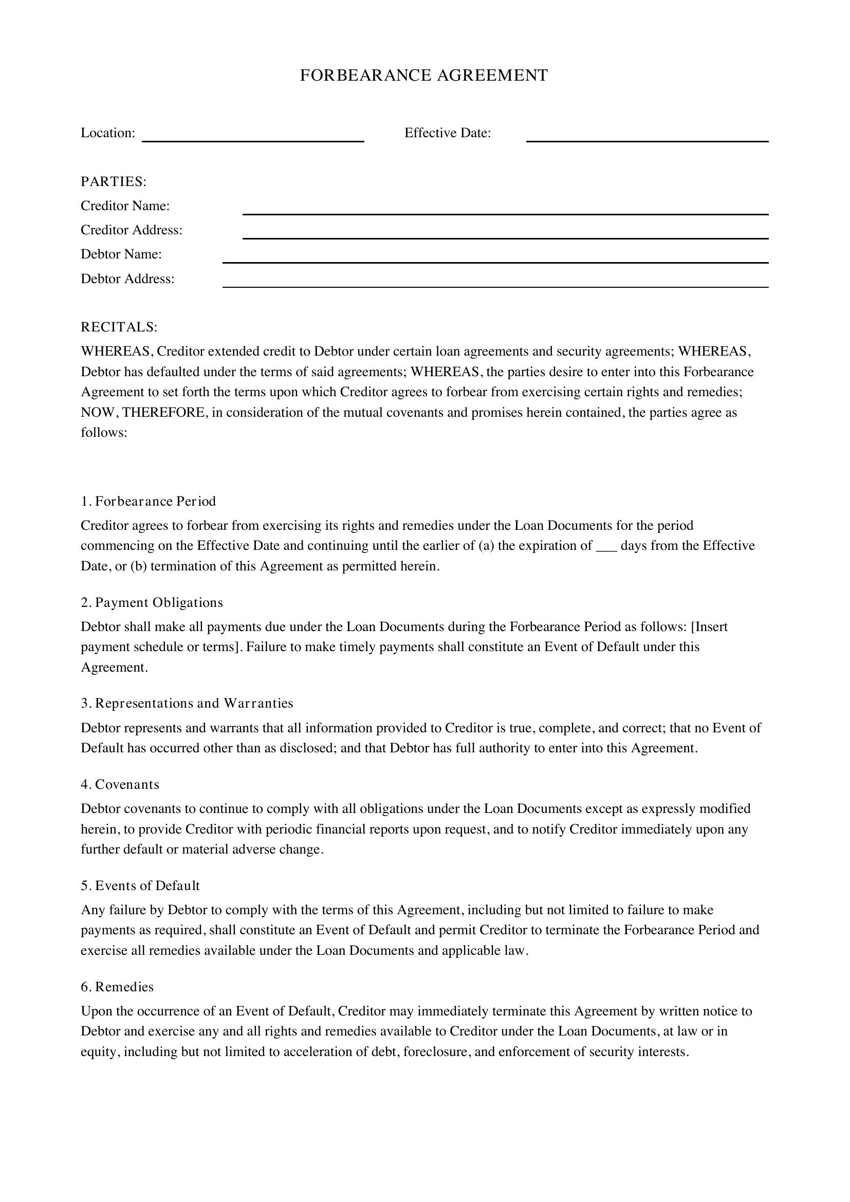 Forbearance Agreement Template - US