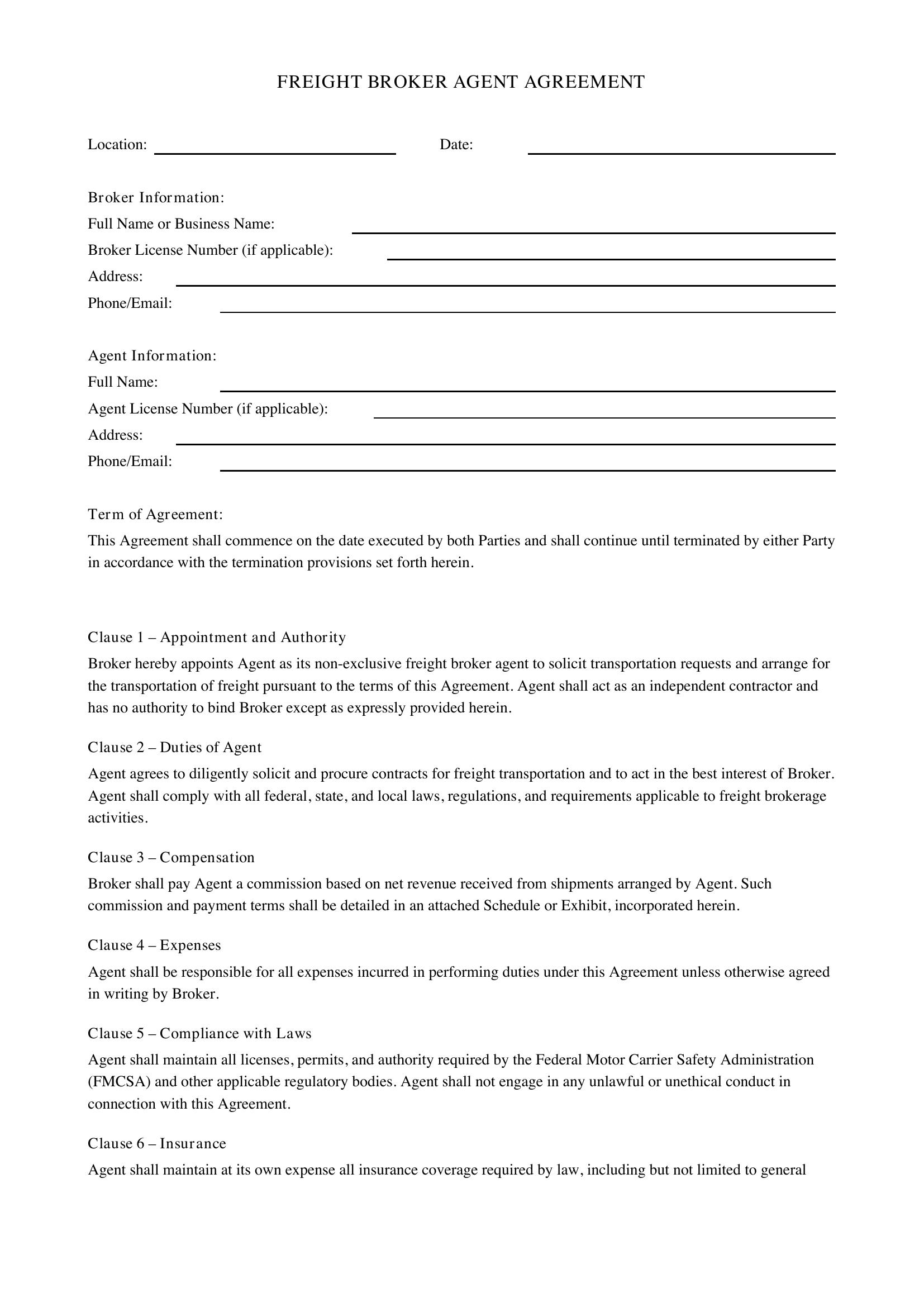 Freight Broker Agent Agreement Template - US
