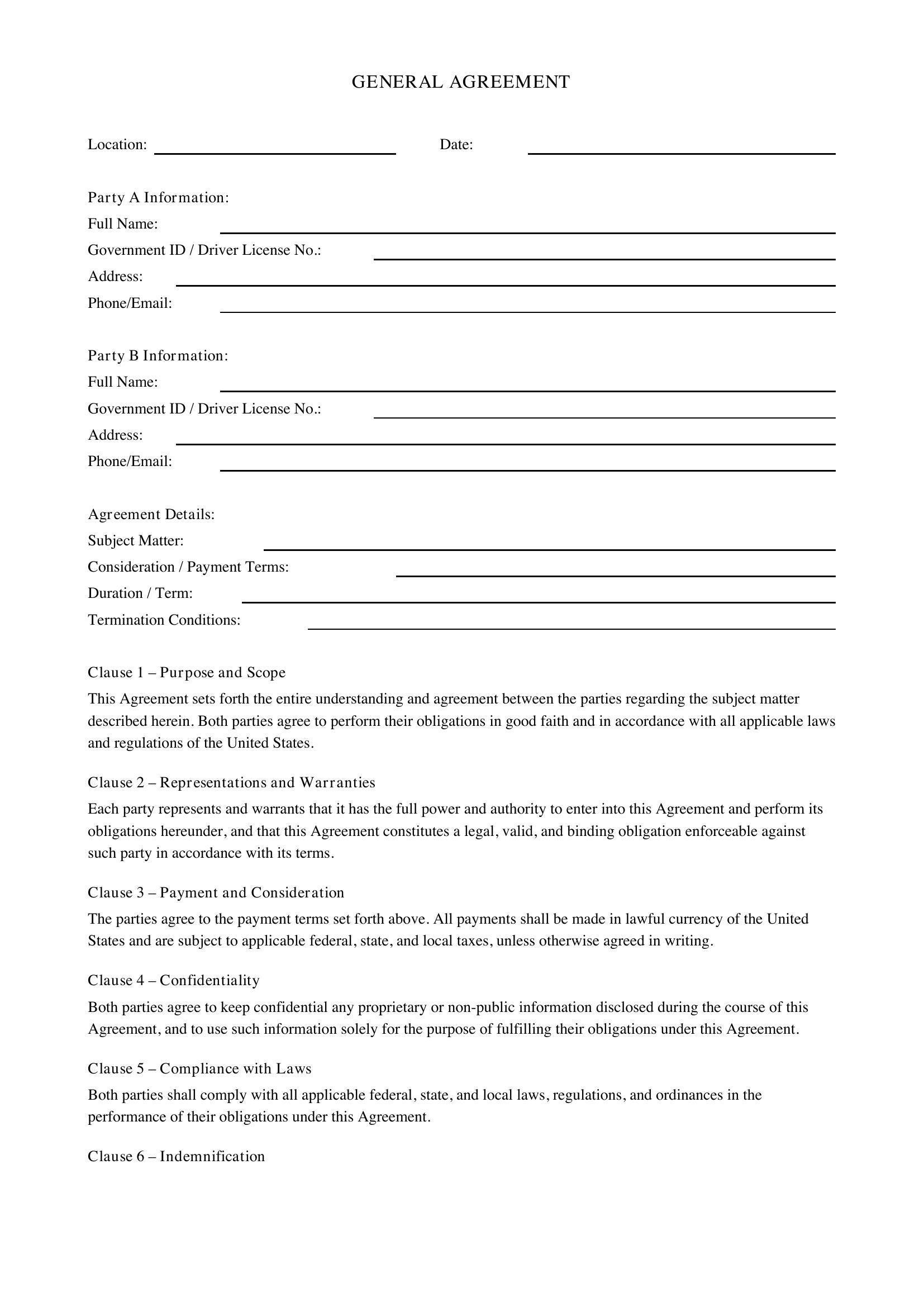 General Agreement Template - US