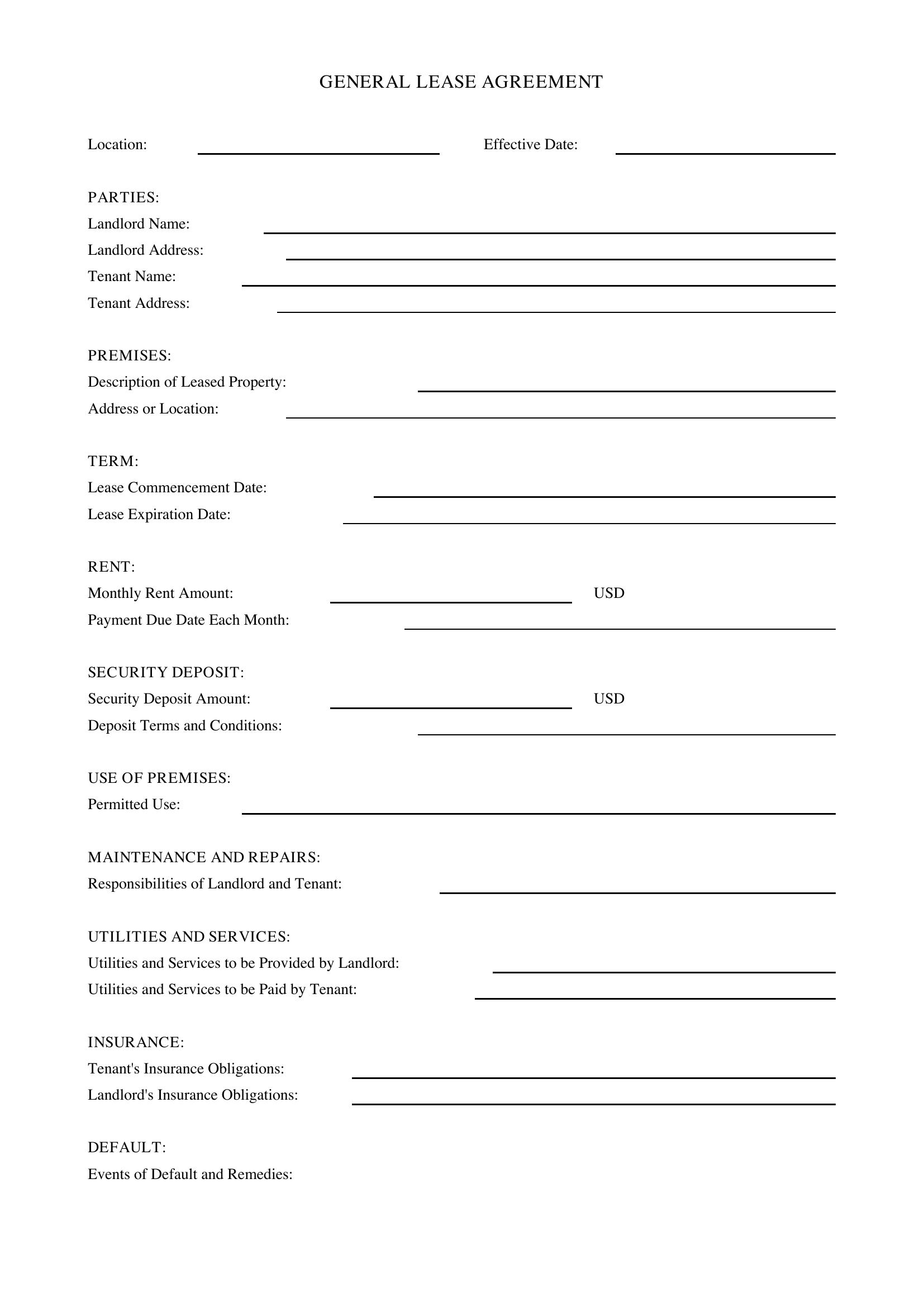 General Lease Agreement Template - US