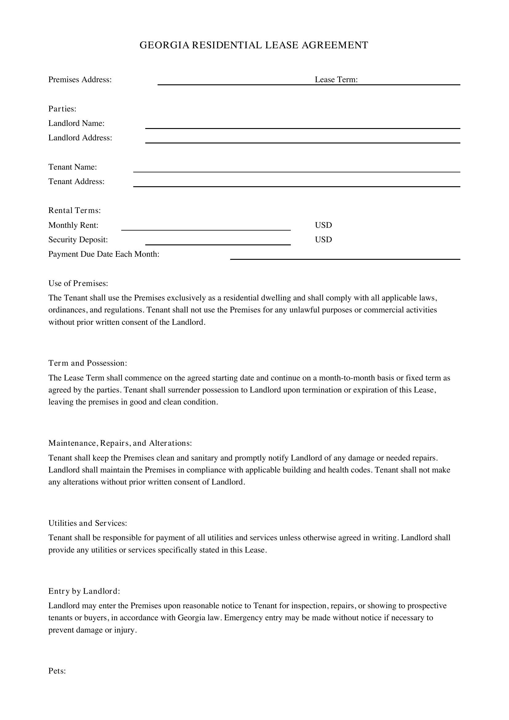 Georgia Lease Agreement Template - US