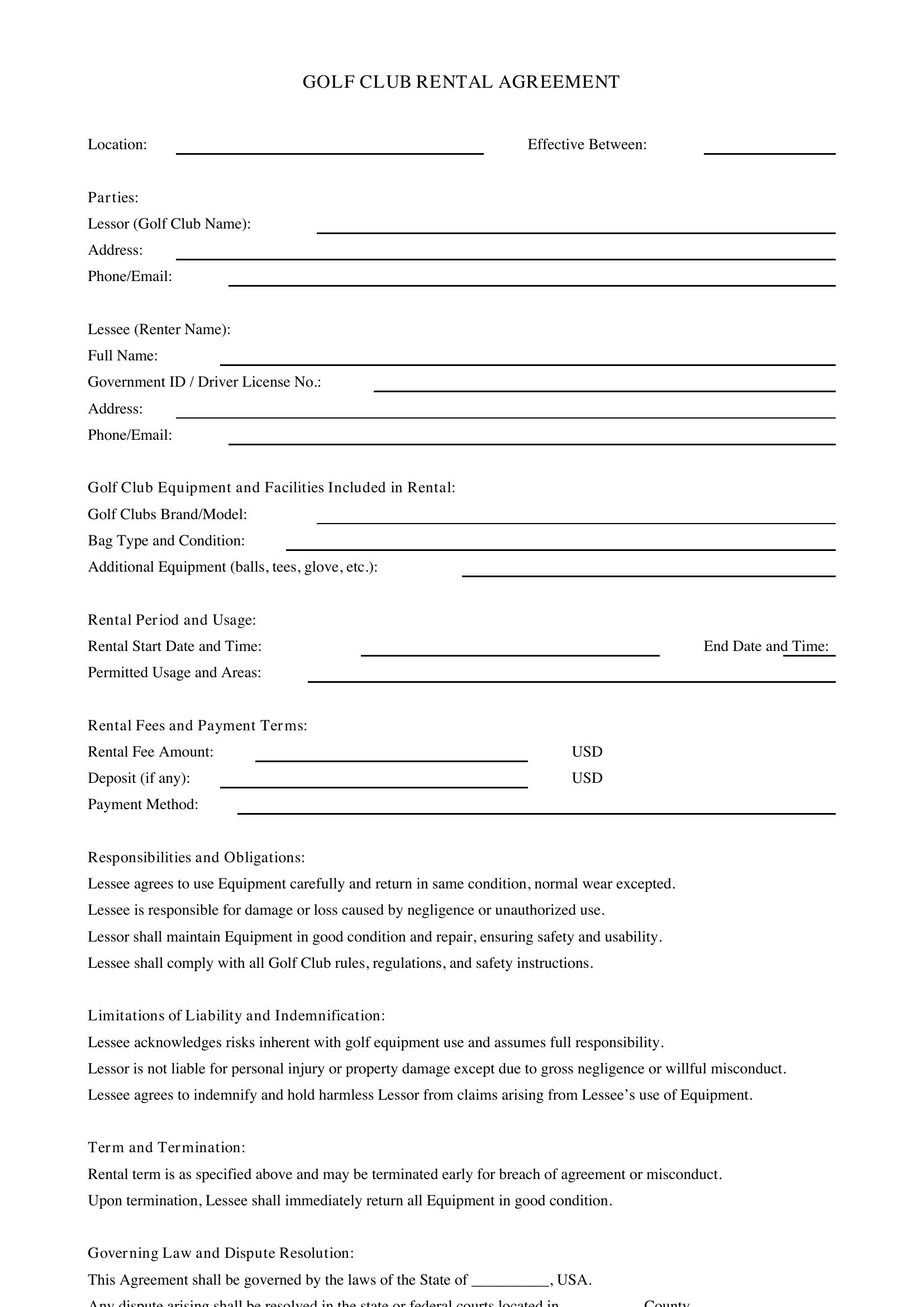 Golf Club Rental Agreement Template - US