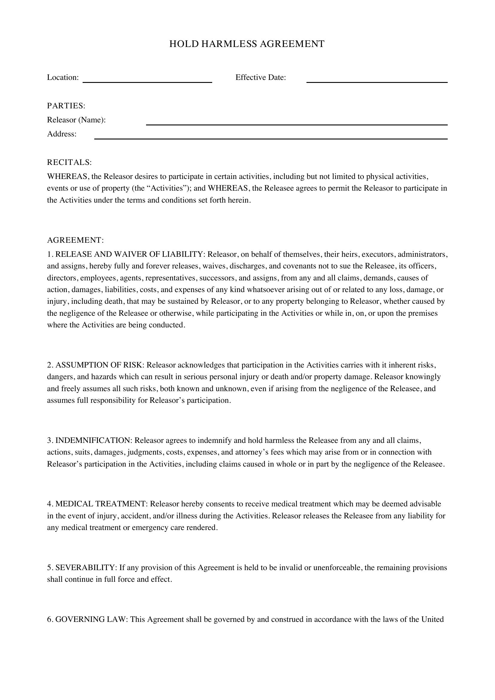 Hold Harmless Agreement Template - US