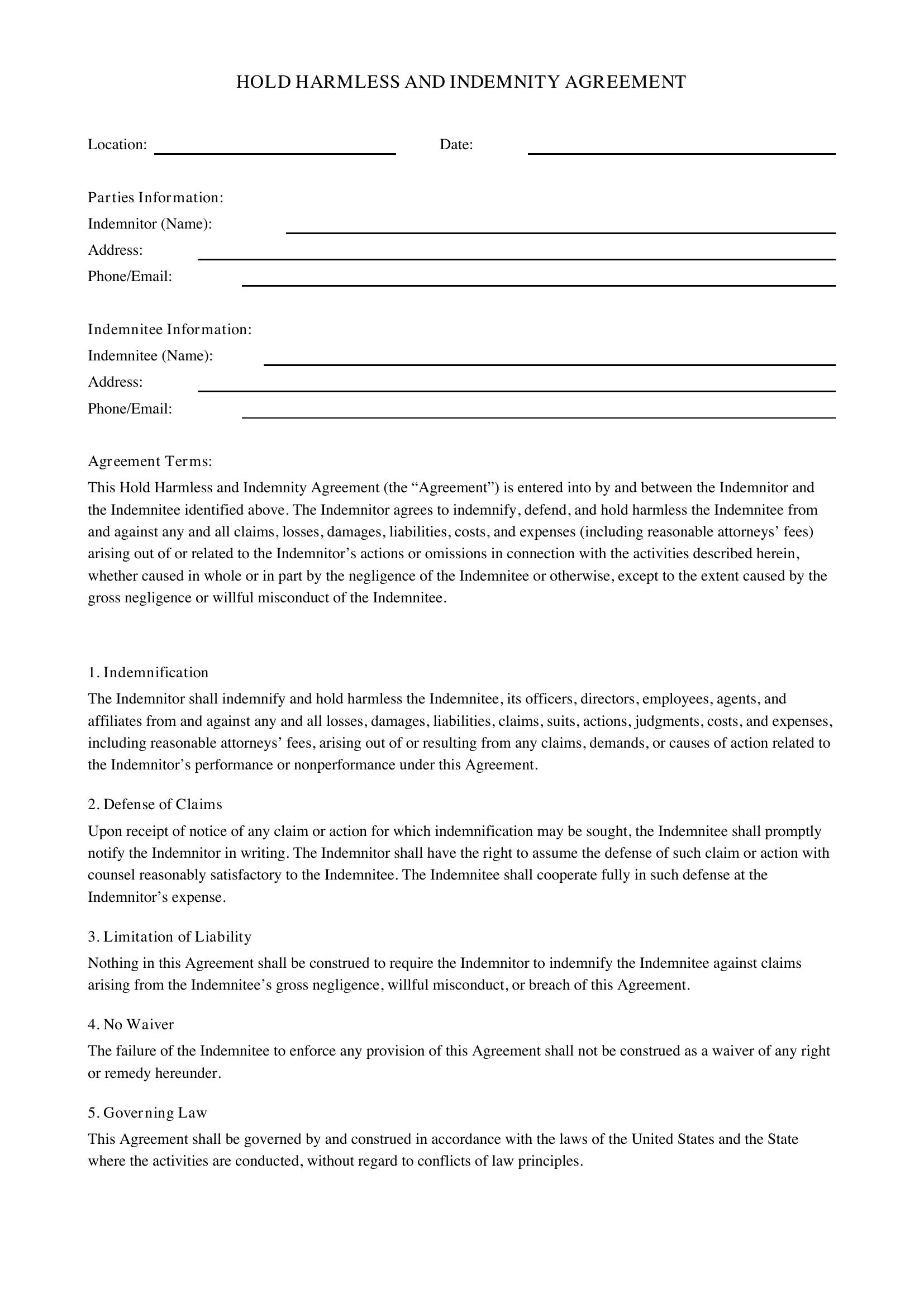 Hold Harmless And Indemnity Agreement Template - US