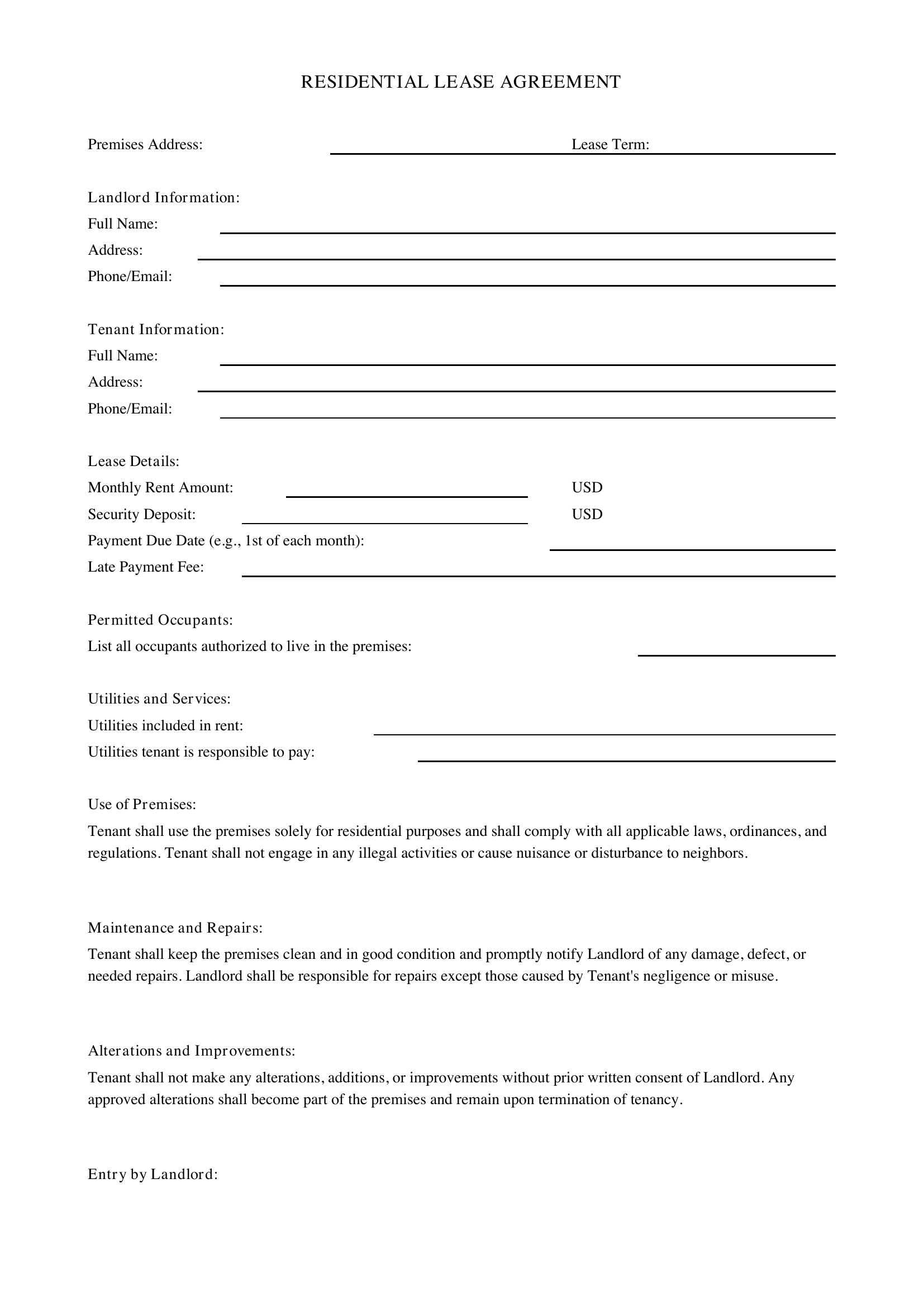 Housing Agreement Template - US