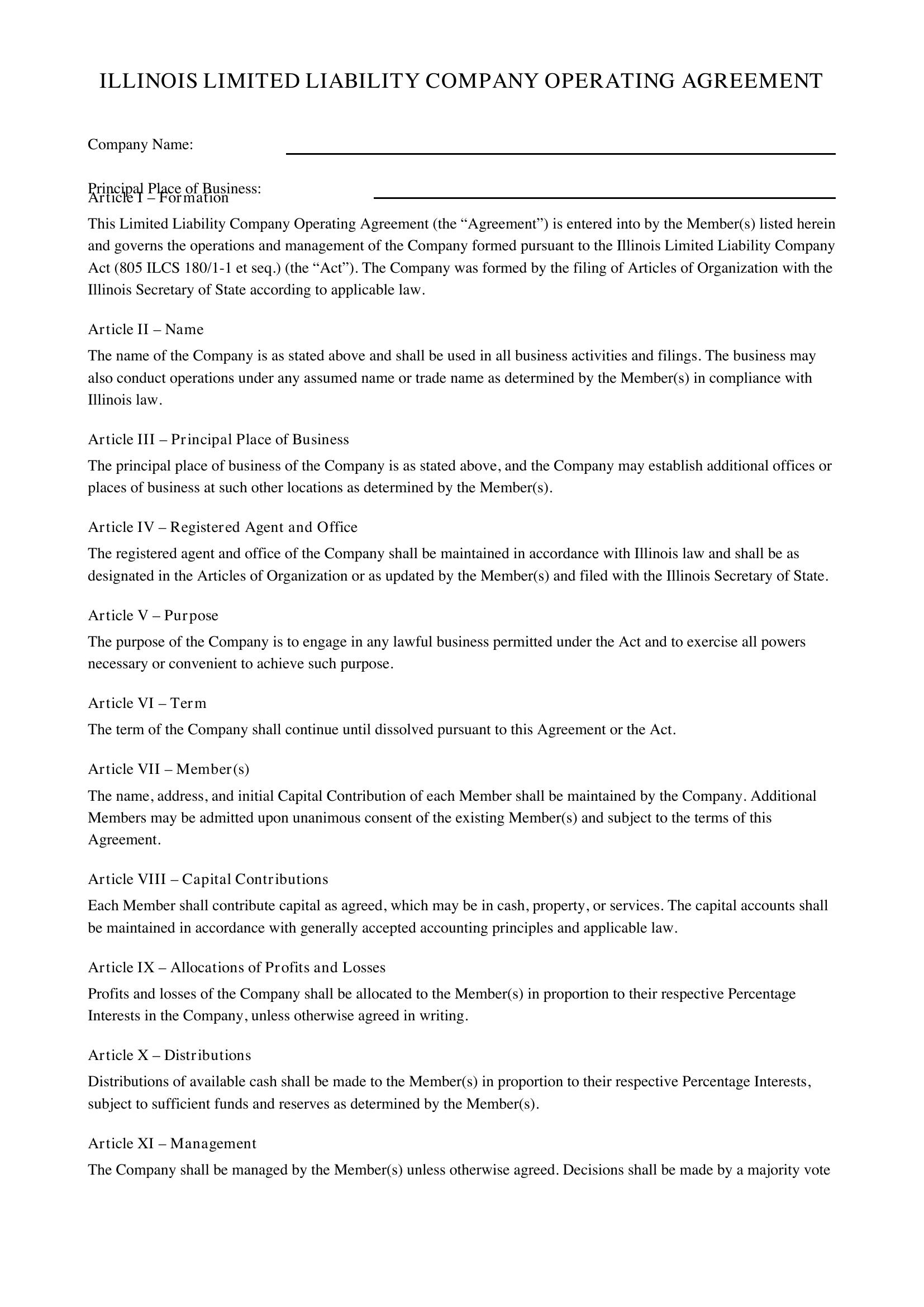 Illinois Llc Operating Agreement Template - US