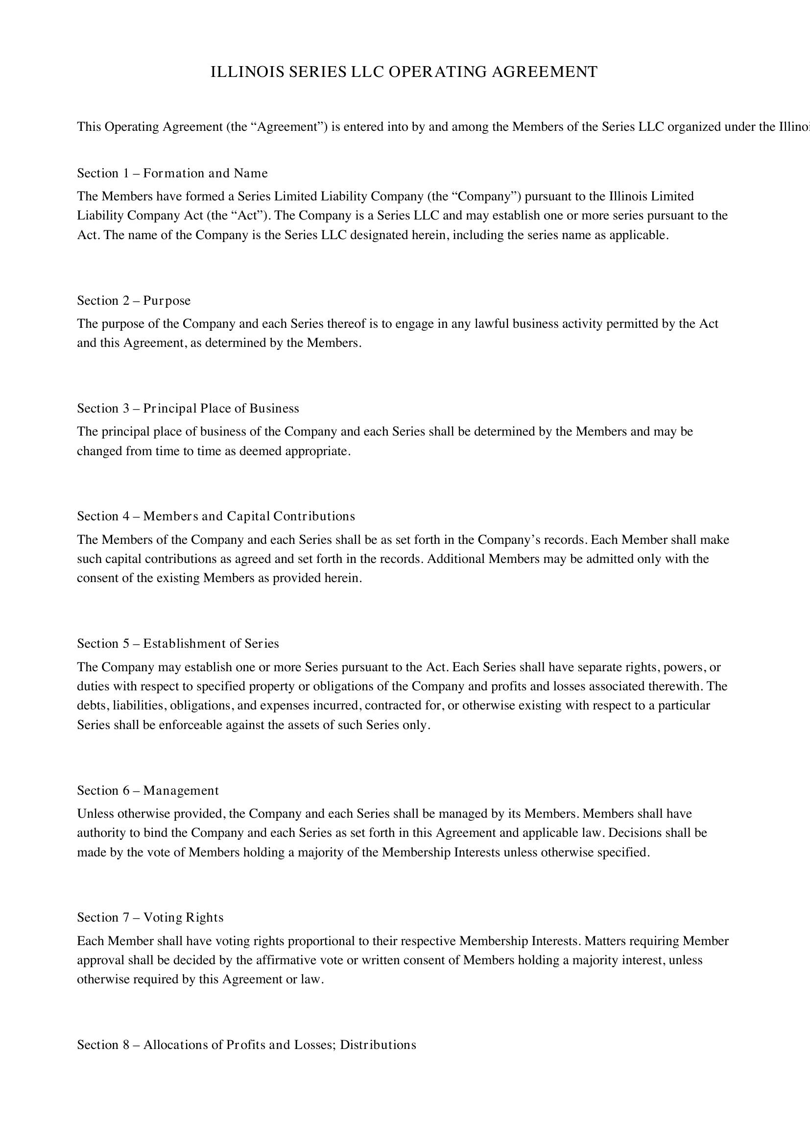 Illinois Series Llc Operating Agreement Template - US
