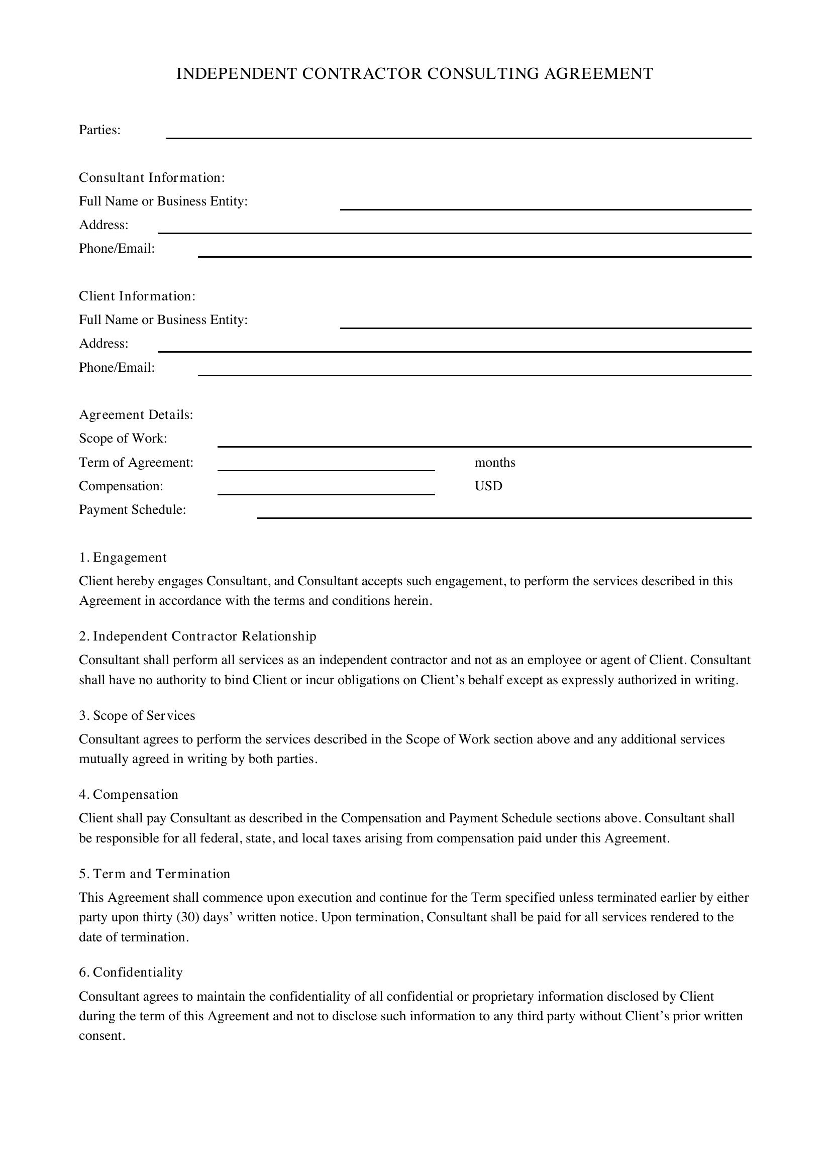 Independent Contractor Consulting Agreement Template - US
