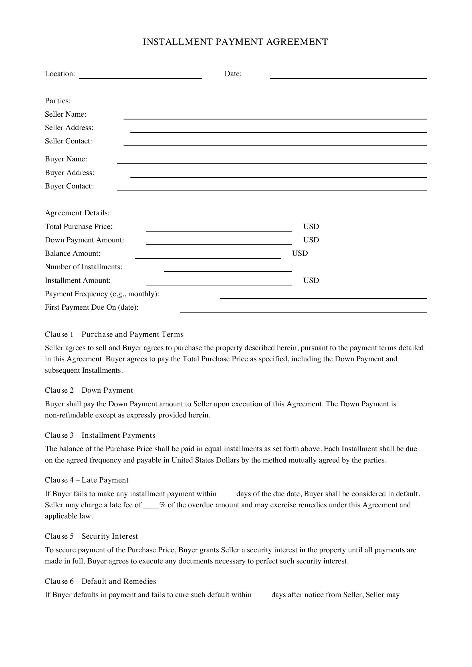 Installment Payment Agreement Template - US