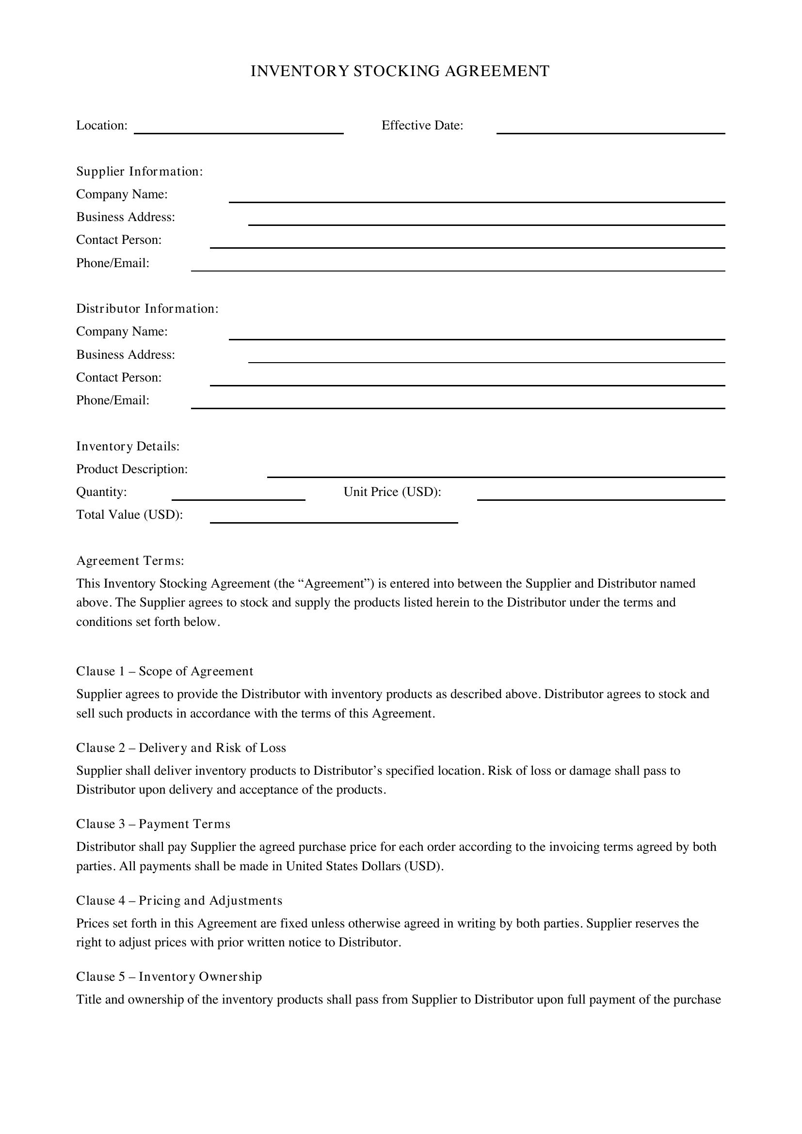 Inventory Stocking Agreement Template - US