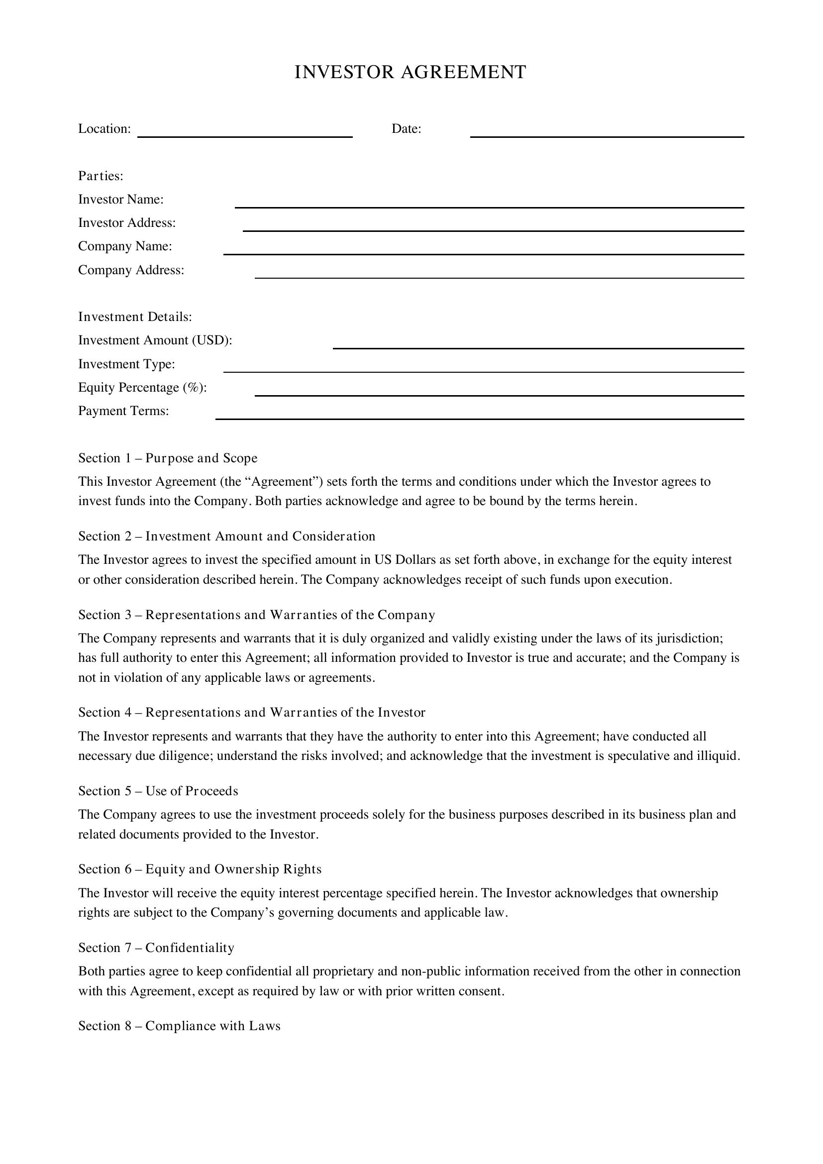 Investor Agreement Template - US