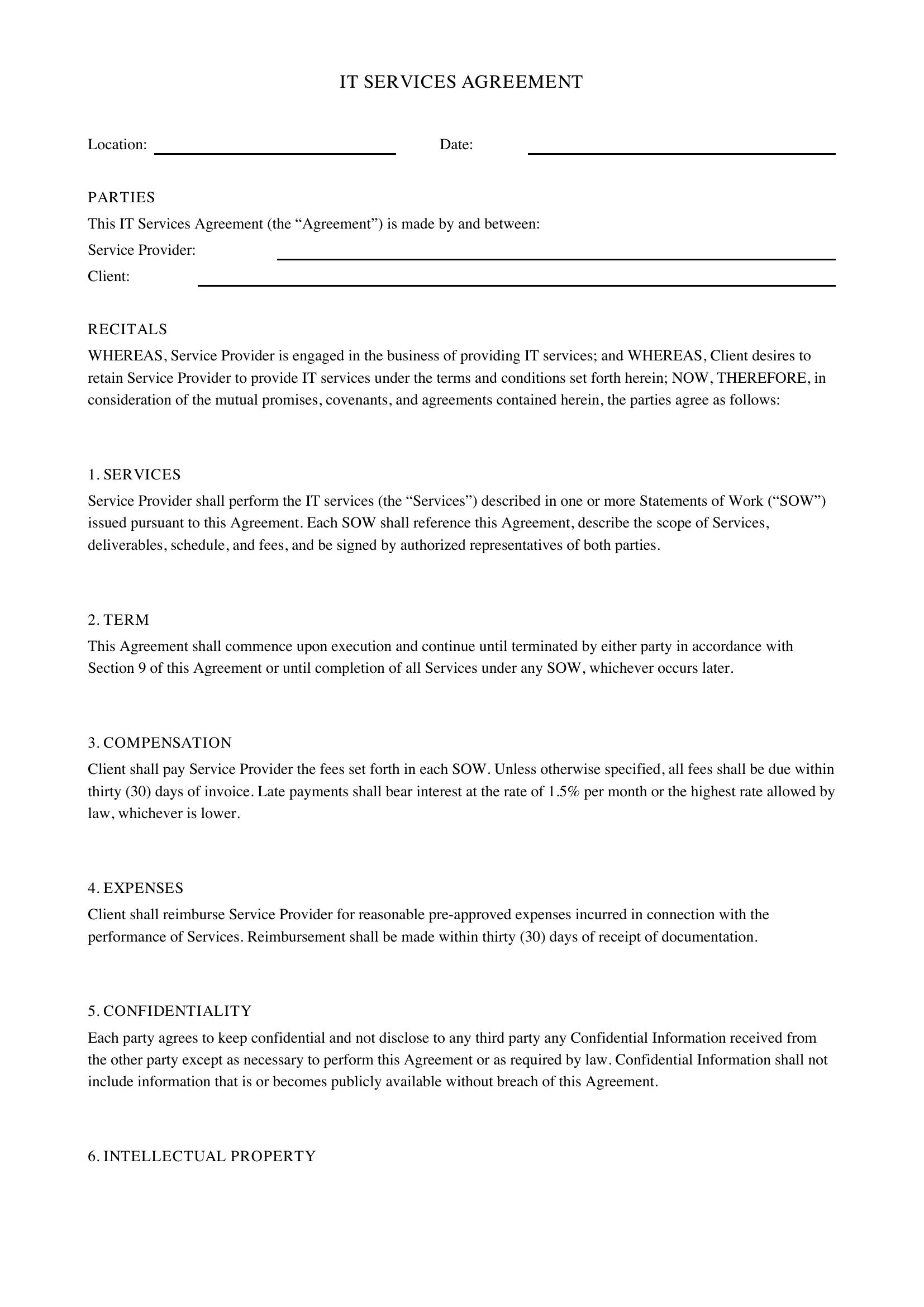 It Services Agreement Template - US