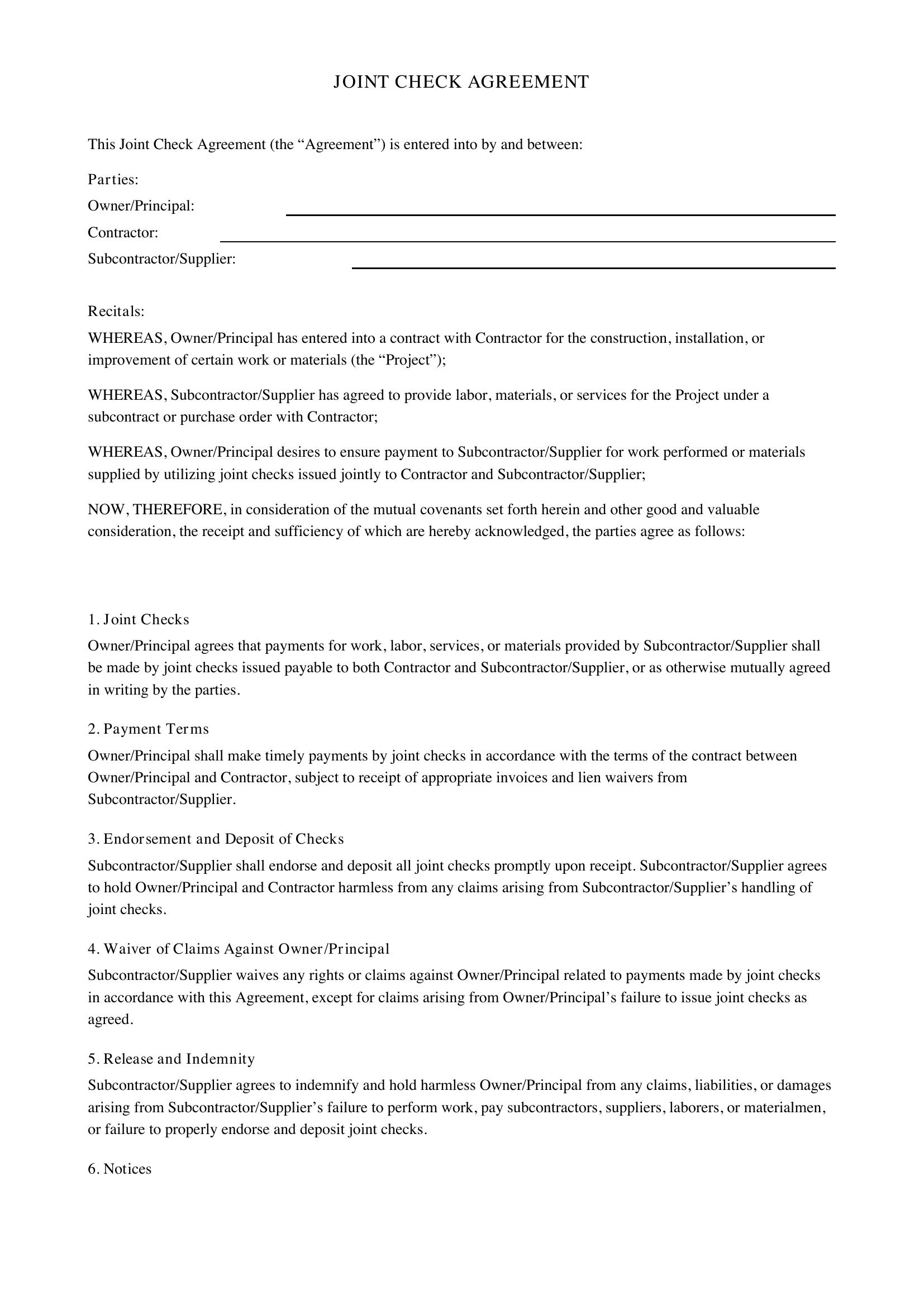Joint Check Agreement Template - US