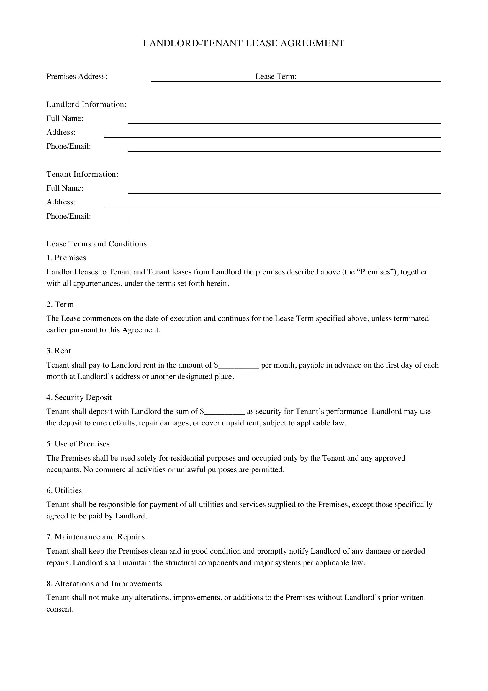 Landlord Tenant Lease Agreement Template - US
