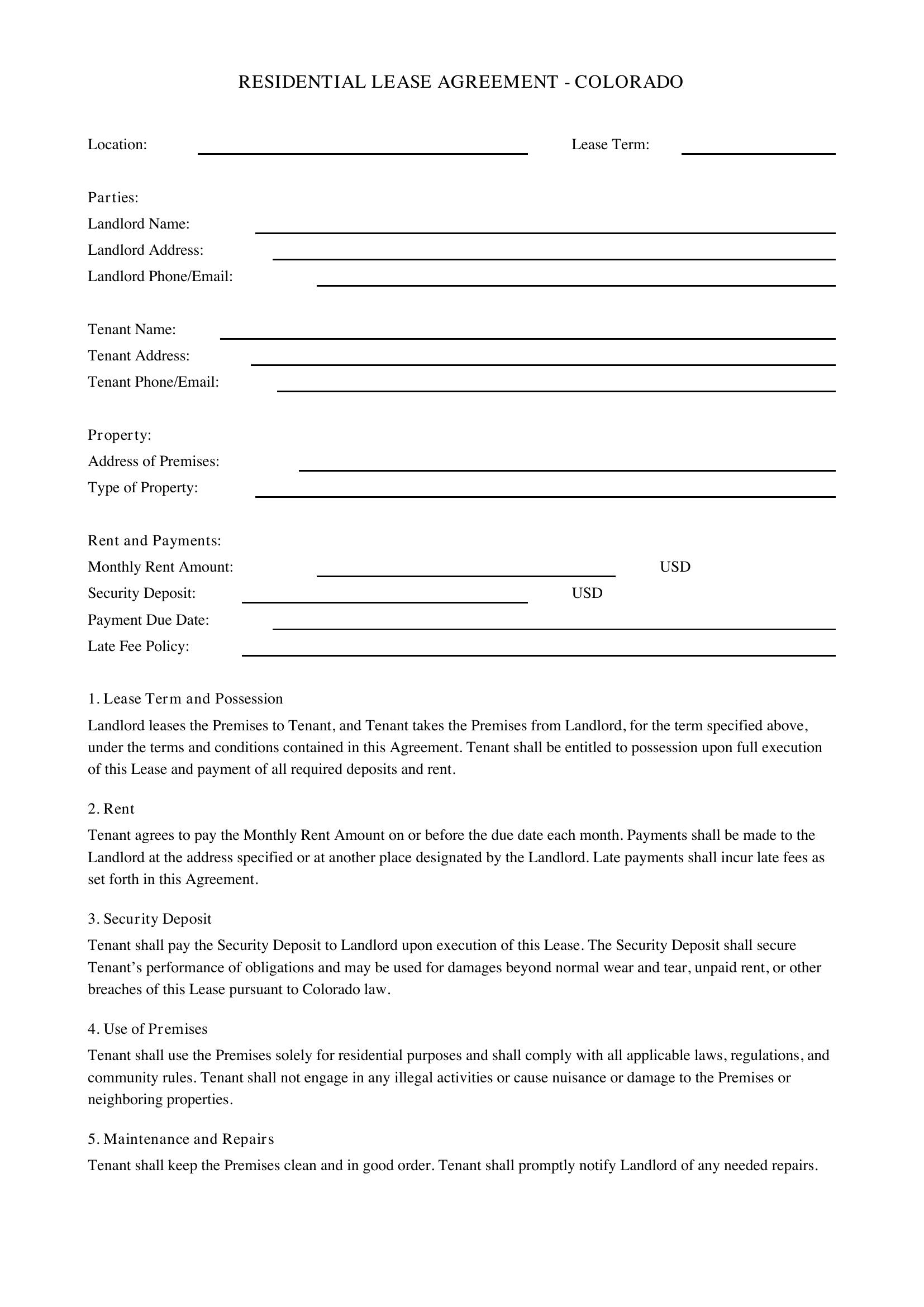 Lease Agreement Colorado Template - US