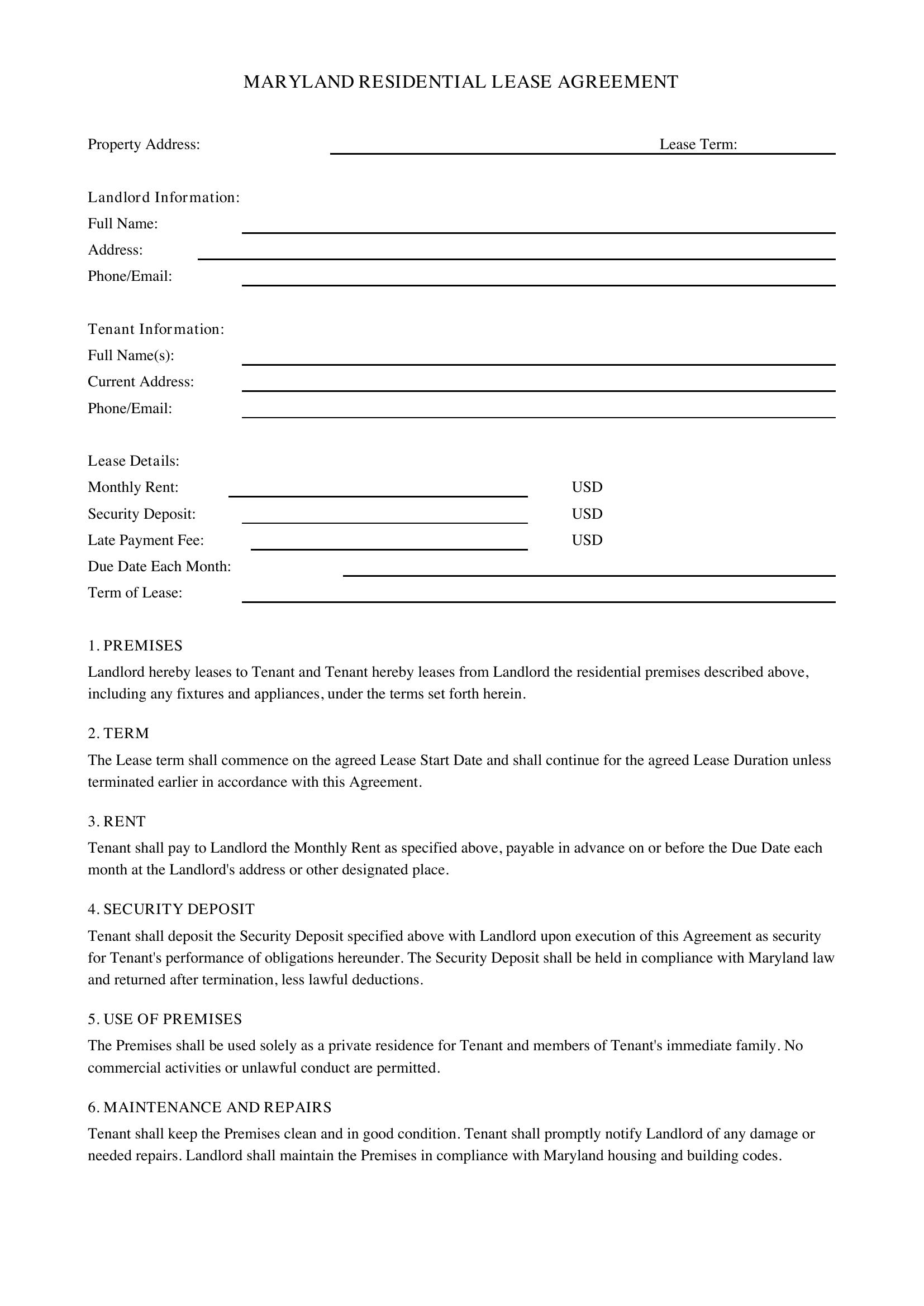 Lease Agreement Maryland Template - US