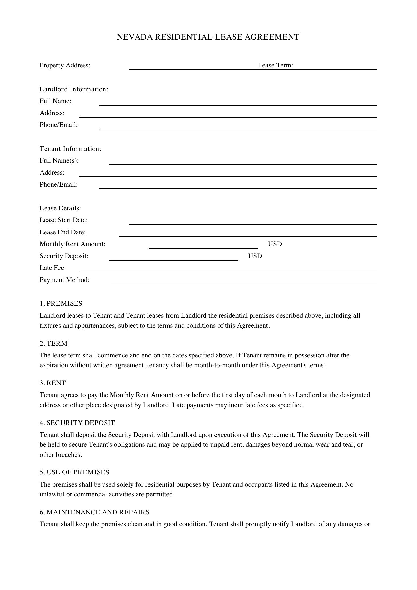 Lease Agreement Nevada Template - US