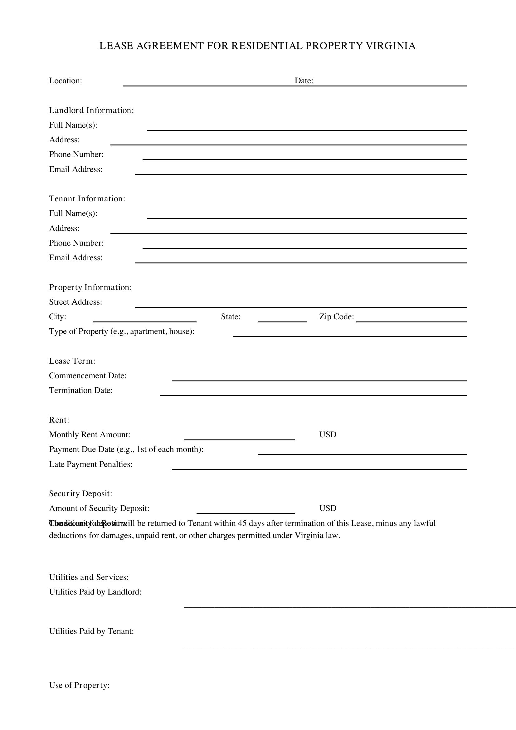 Lease Agreement Virginia Template - US