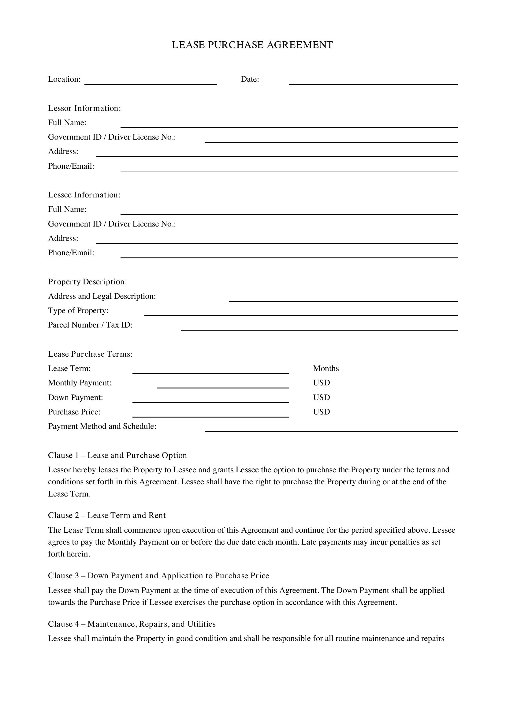 Lease Purchase Agreement Template - US