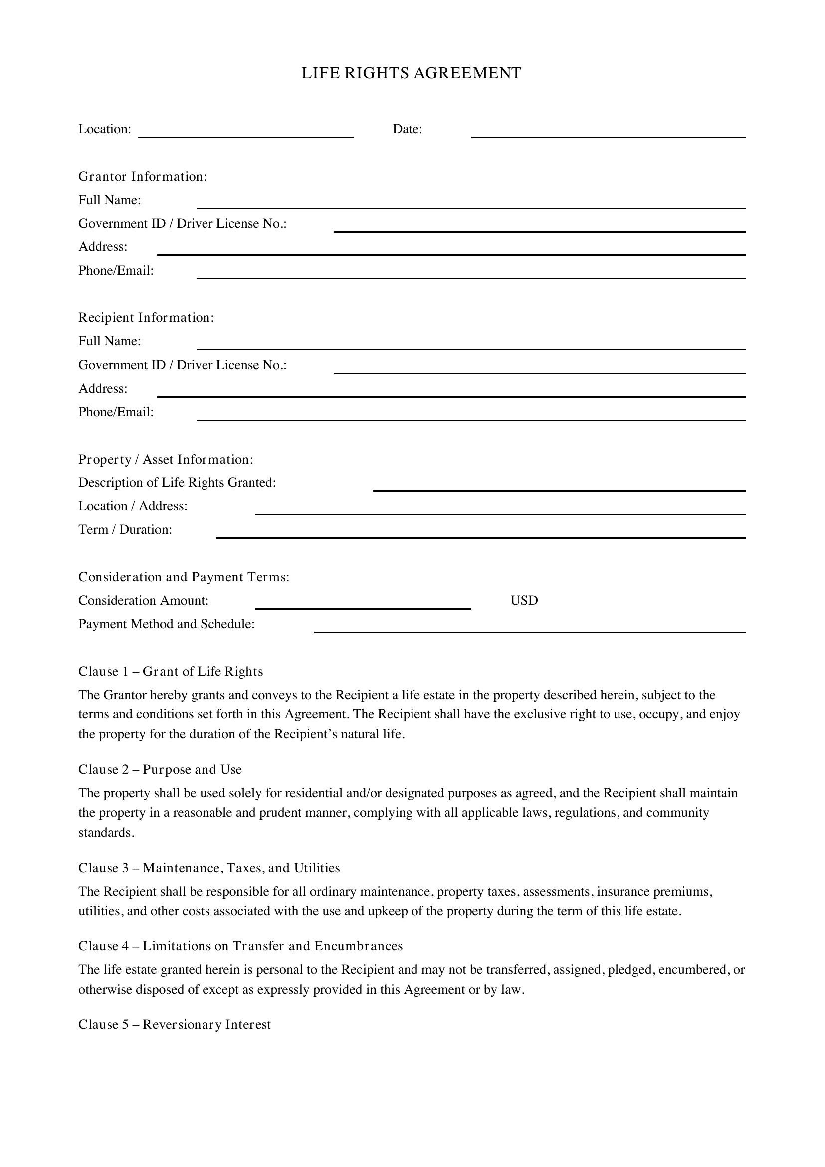 Life Rights Agreement Template - US