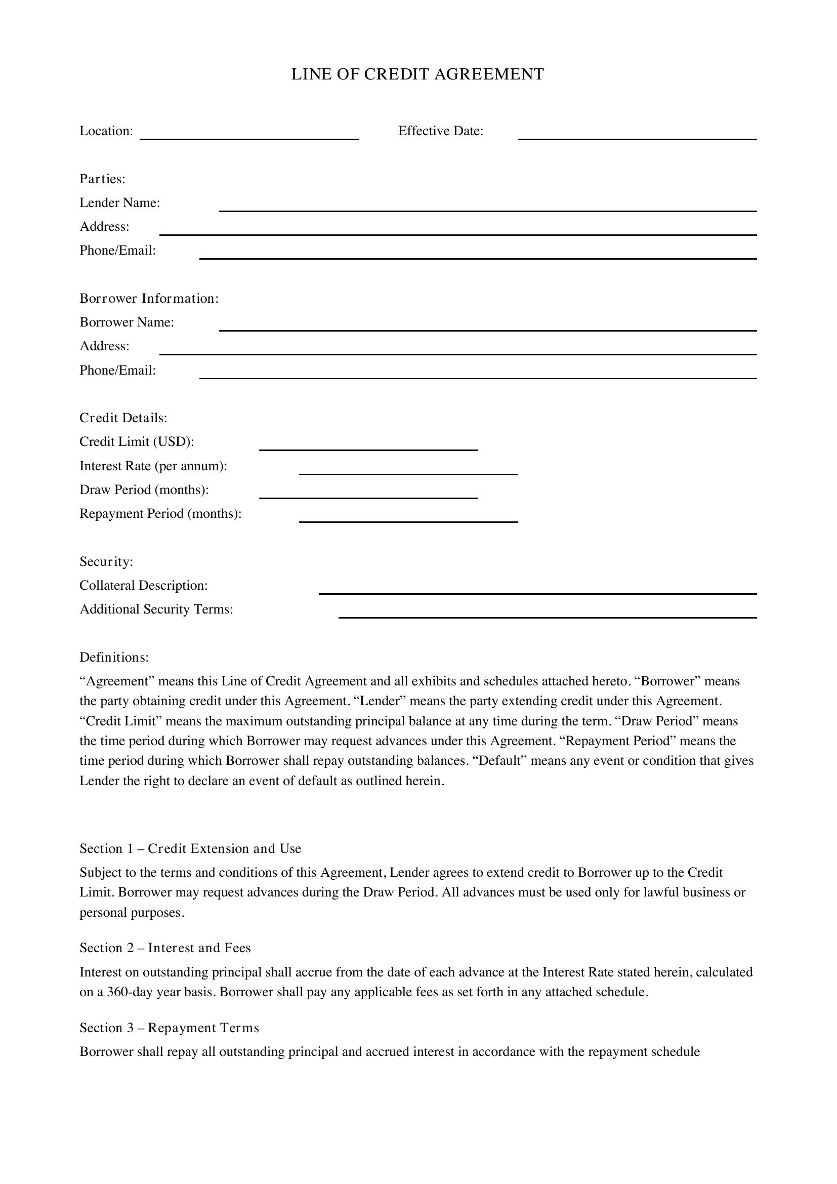 Line Of Credit Agreement Template - US