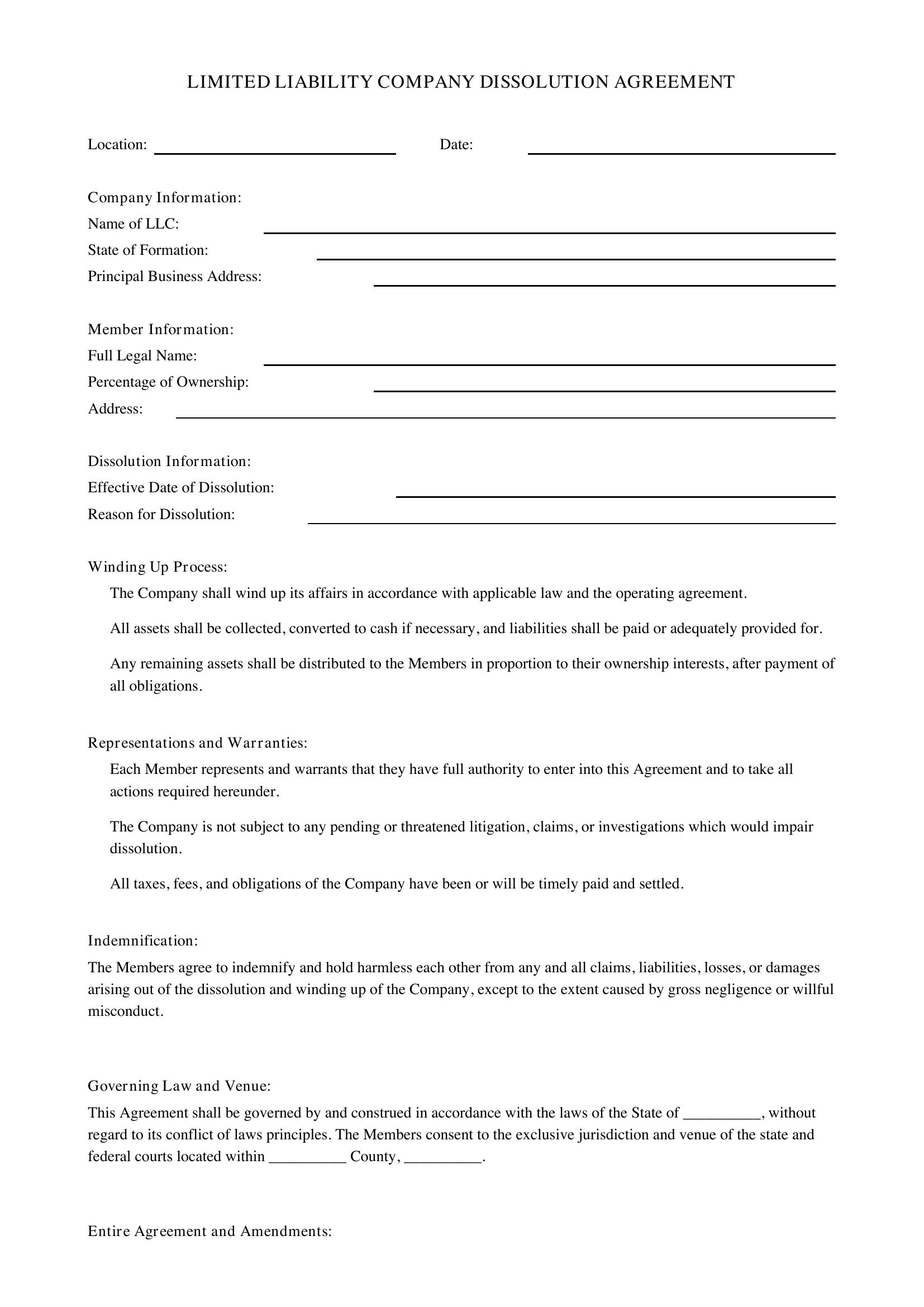 Llc Dissolution Agreement Template - US