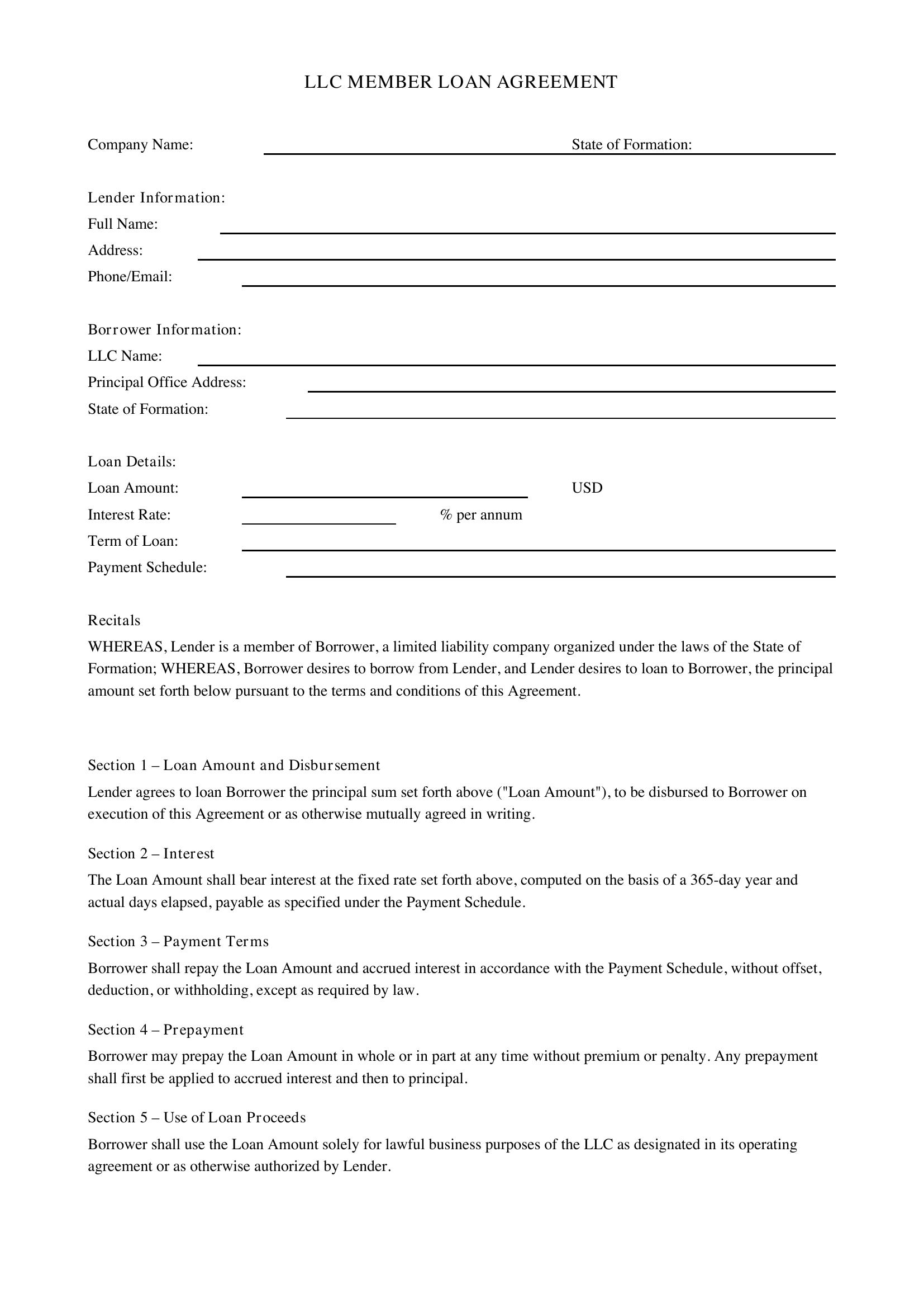 Llc Member Loan Agreement Template - US