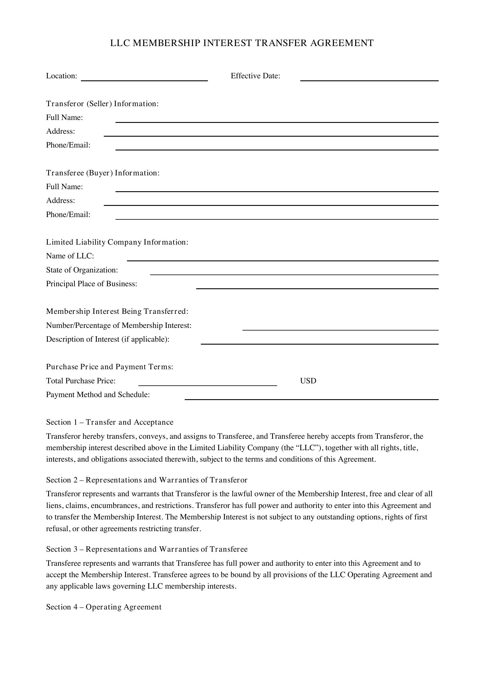 Llc Membership Interest Transfer Agreement Template - US
