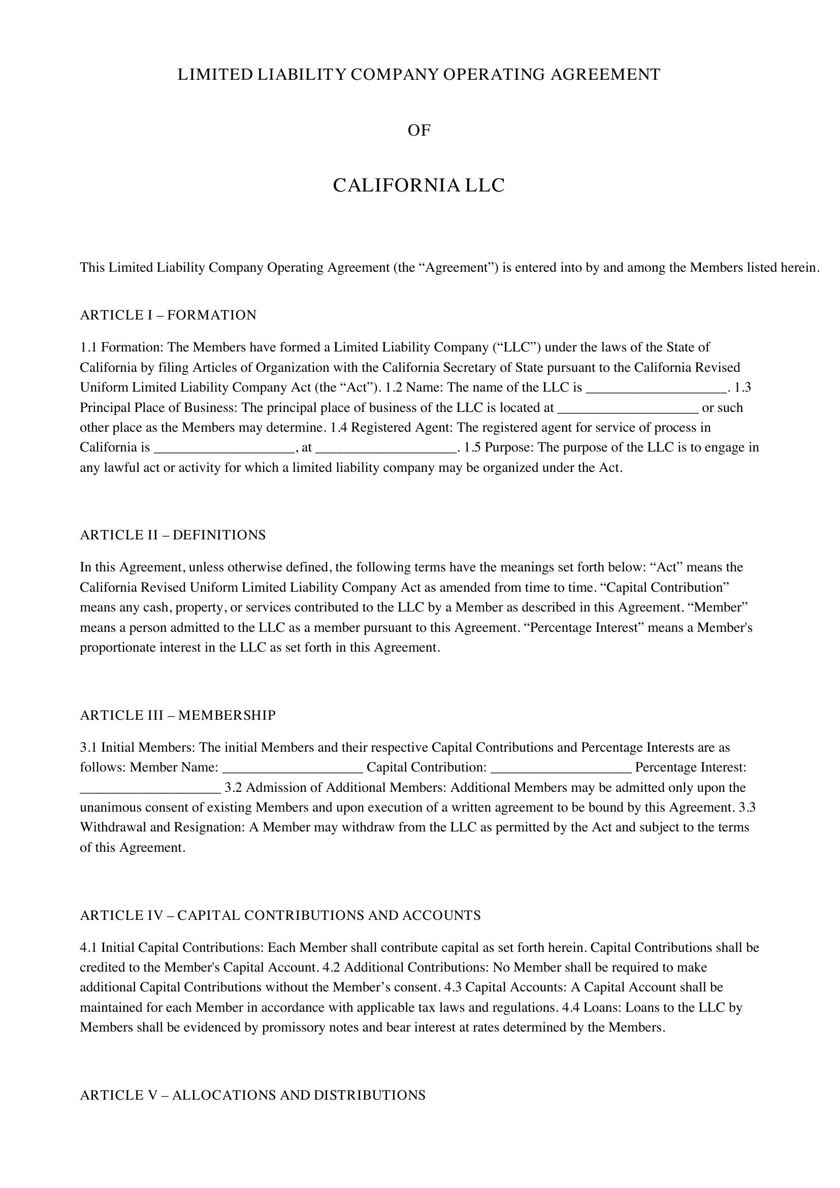 Llc Operating Agreement California Template - US