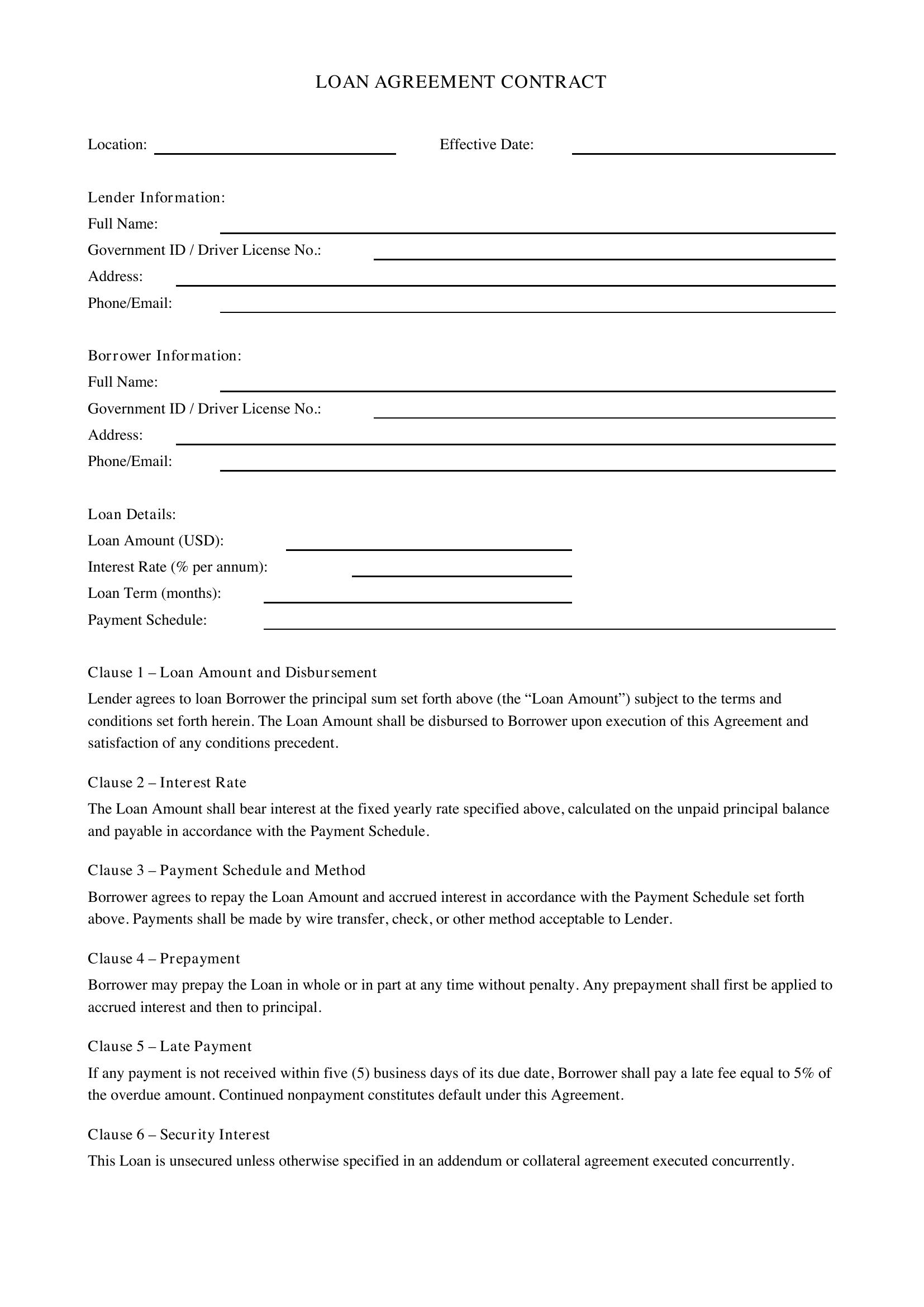 Loan Agreement Contract Template - US