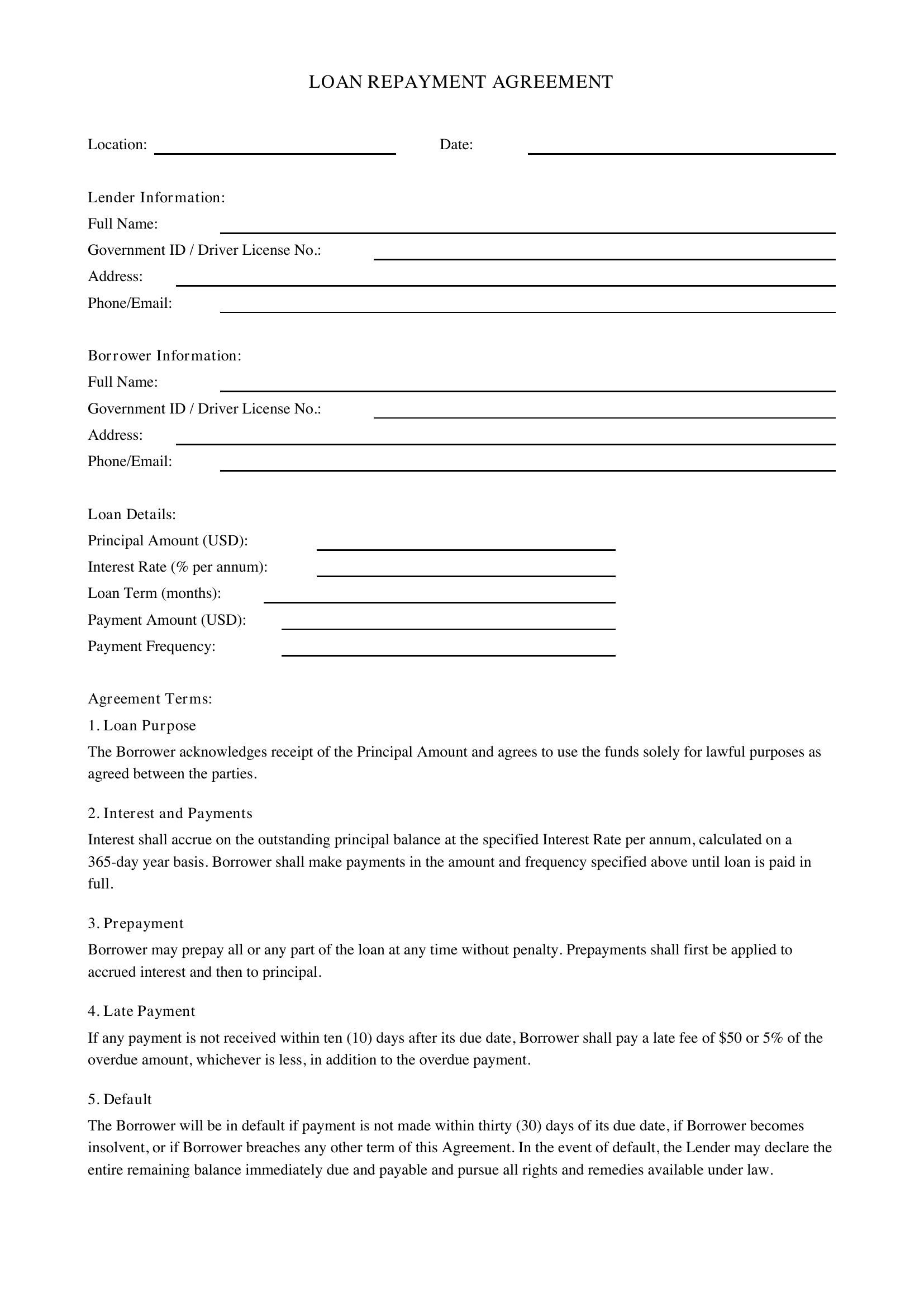 Loan Repayment Agreement Template - US