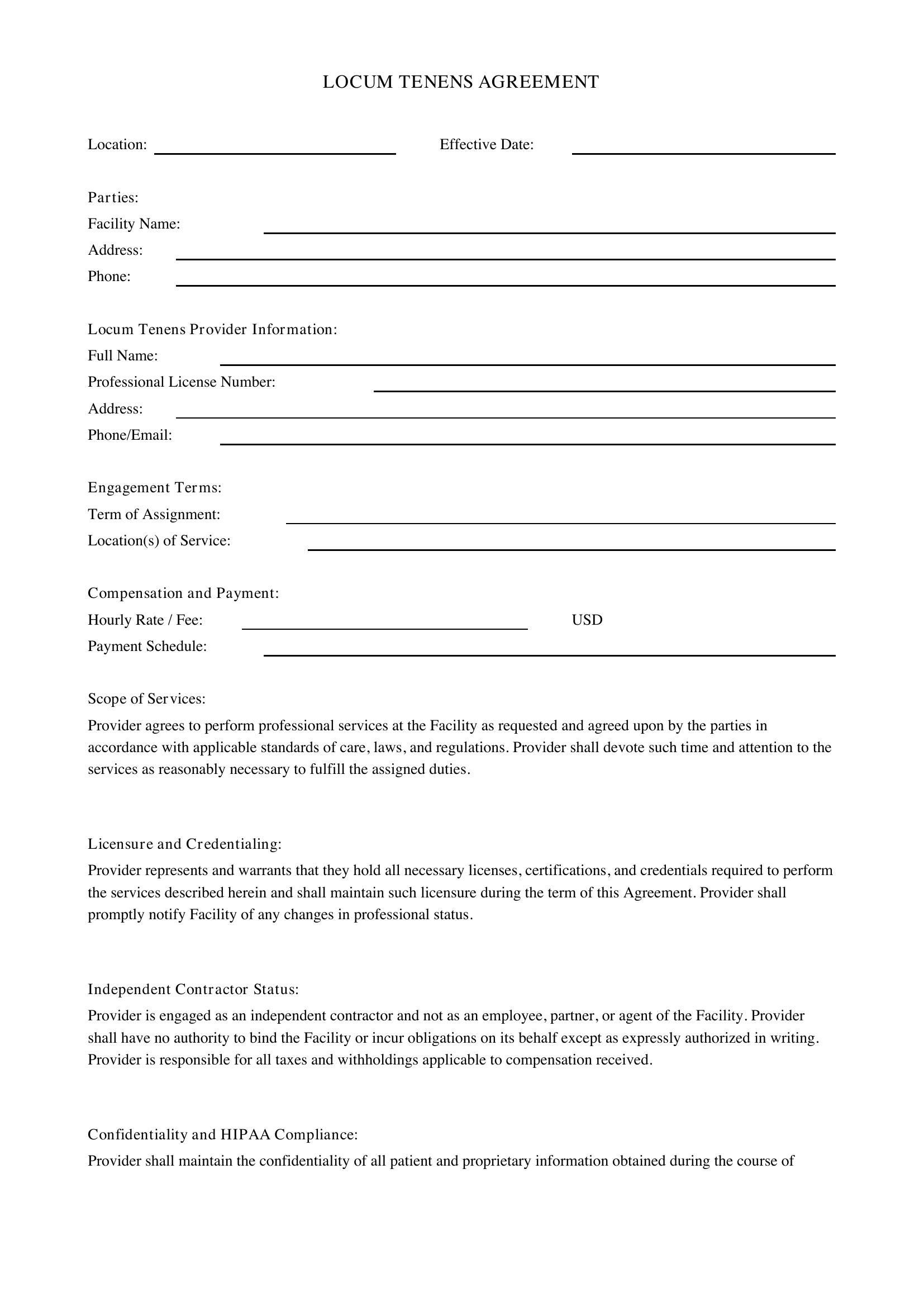 Locum Tenens Agreement Template - US