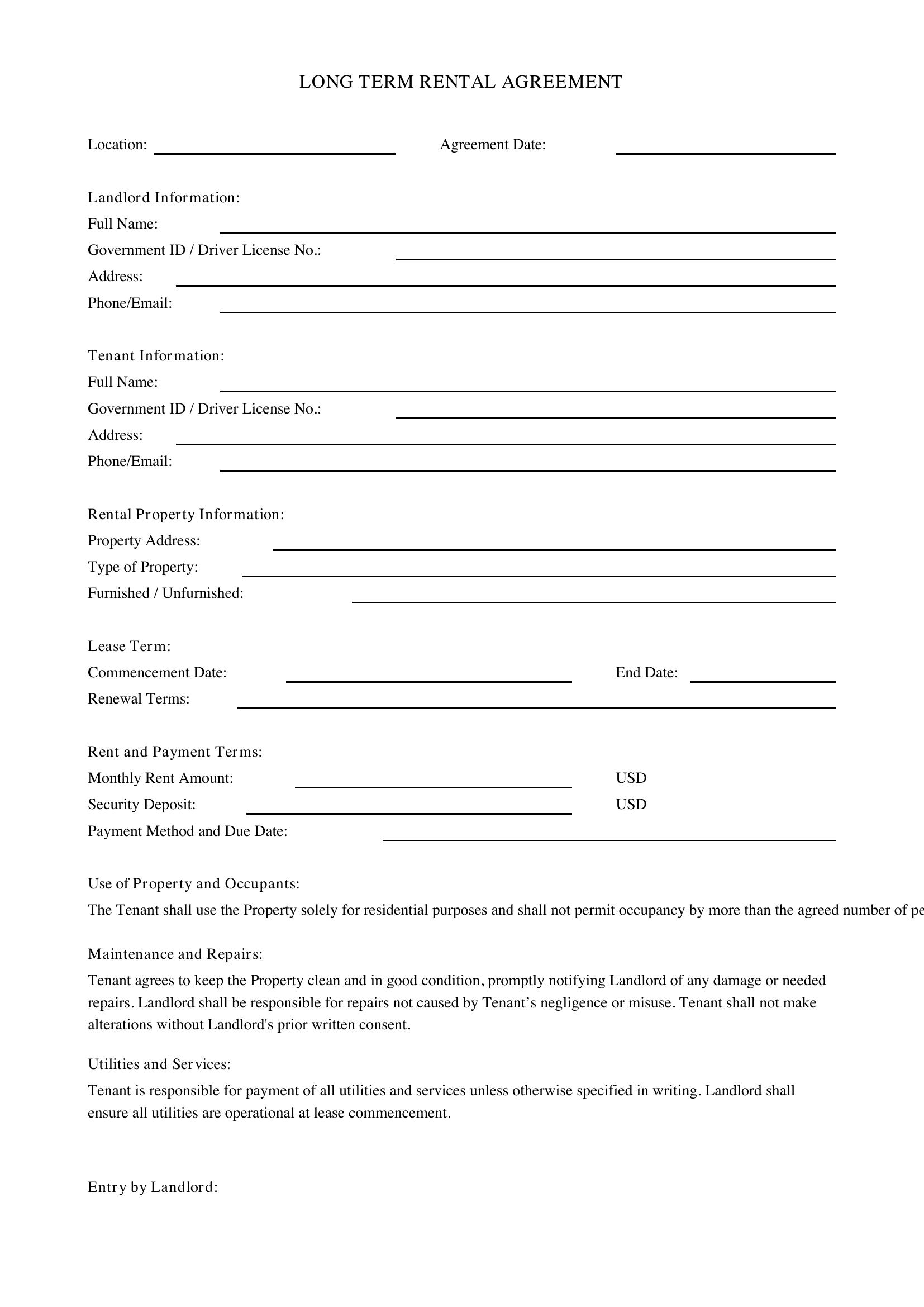 Long Term Rental Agreement Template - US