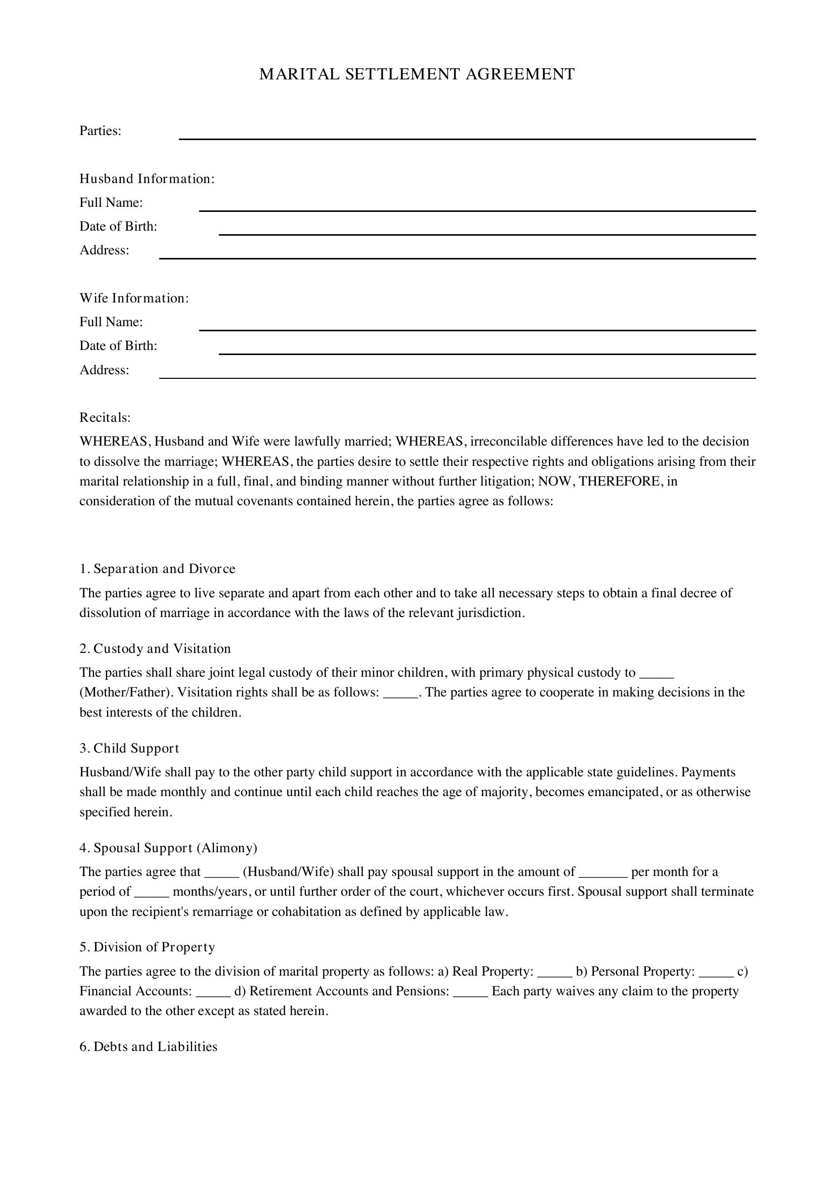 Marital Settlement Agreement Template - US