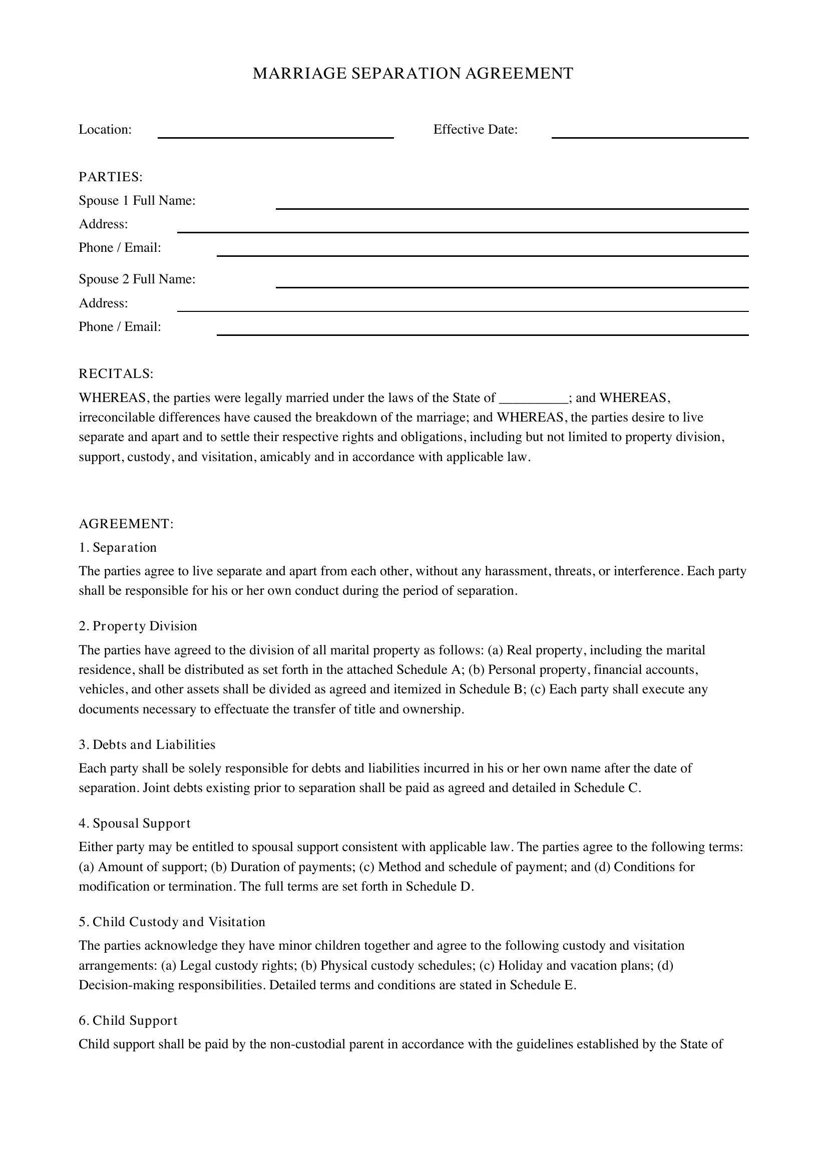Marriage Separation Agreement Template - US
