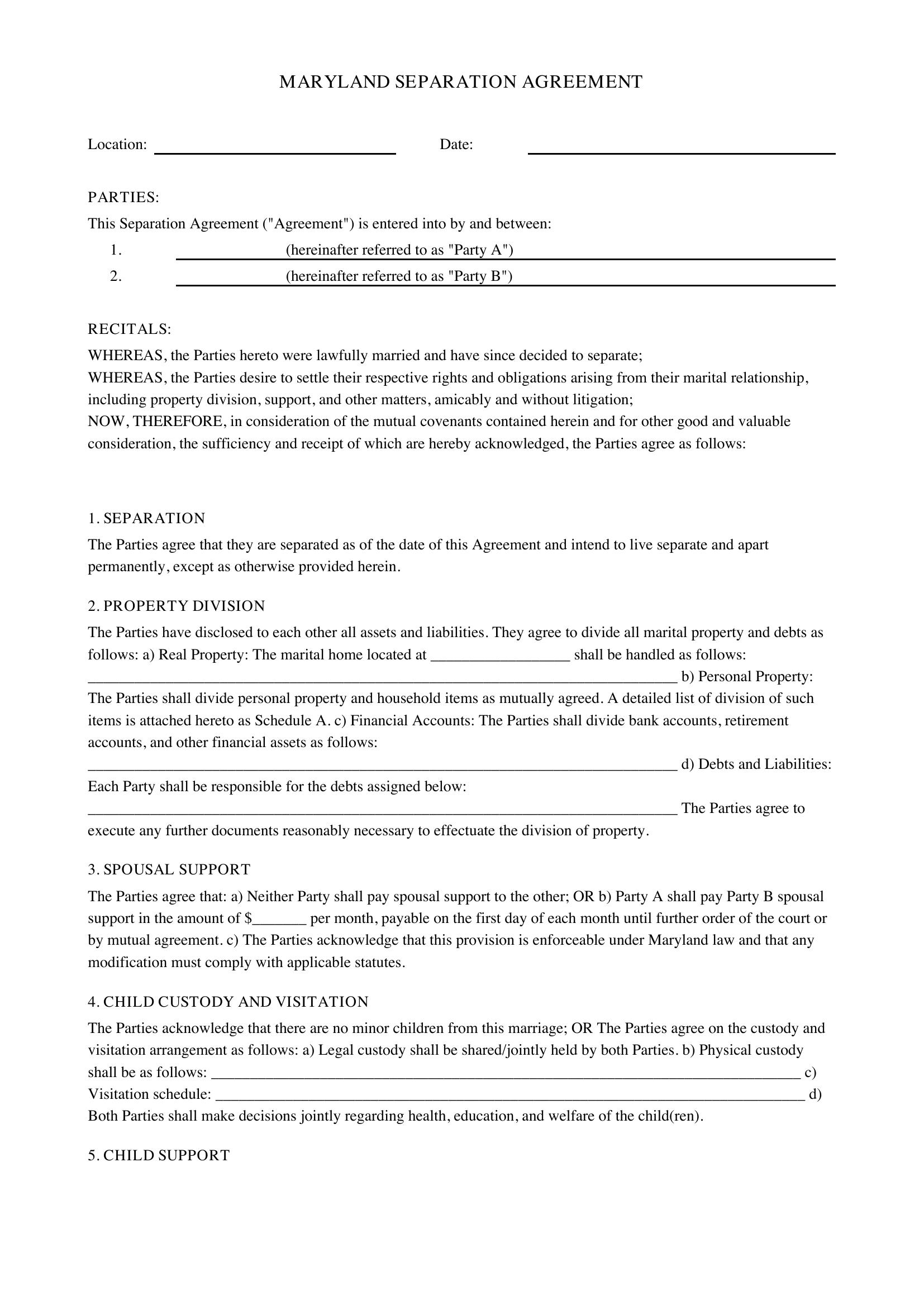 Maryland Separation Agreement Template - US