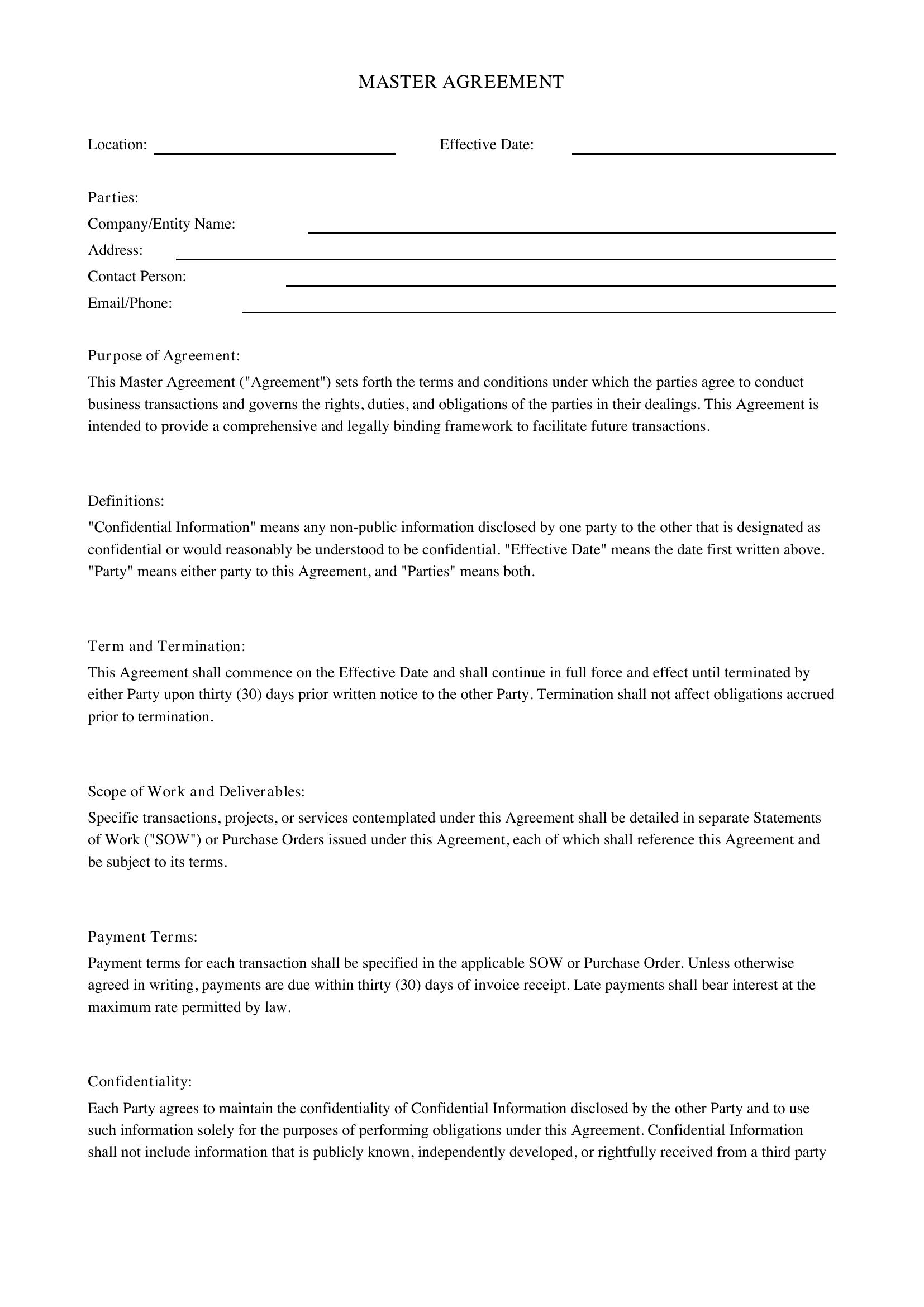 Master Agreement Template - US