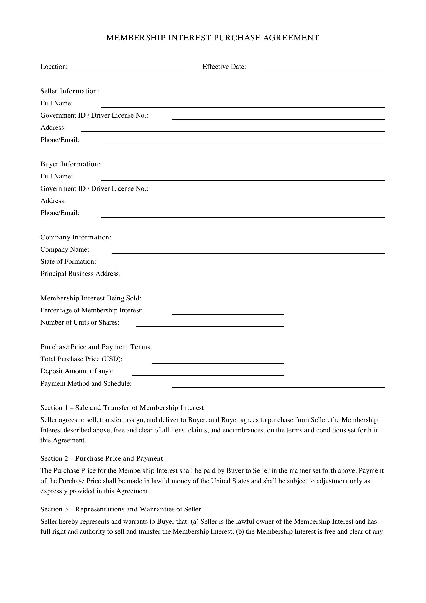 Membership Interest Purchase Agreement Template - US