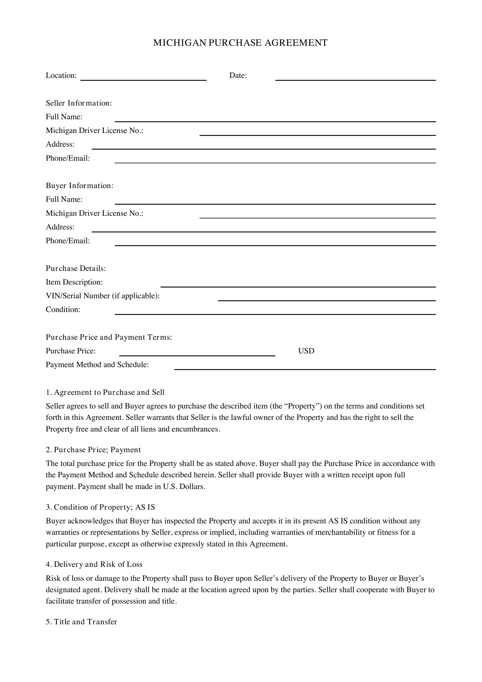 Michigan Purchase Agreement Template - US